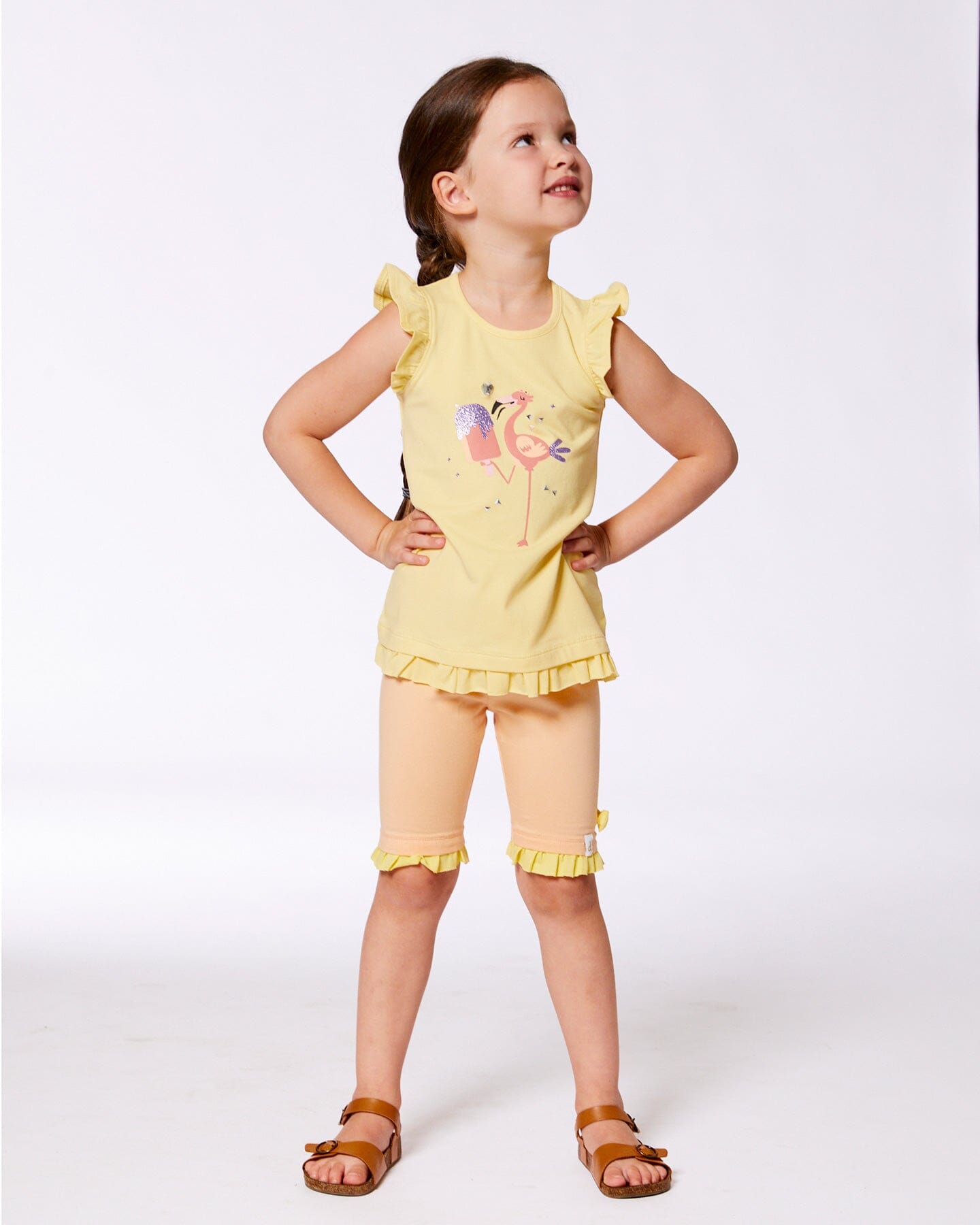 Organic Cotton Tunic With Frill And Print Yellow And Flamingo