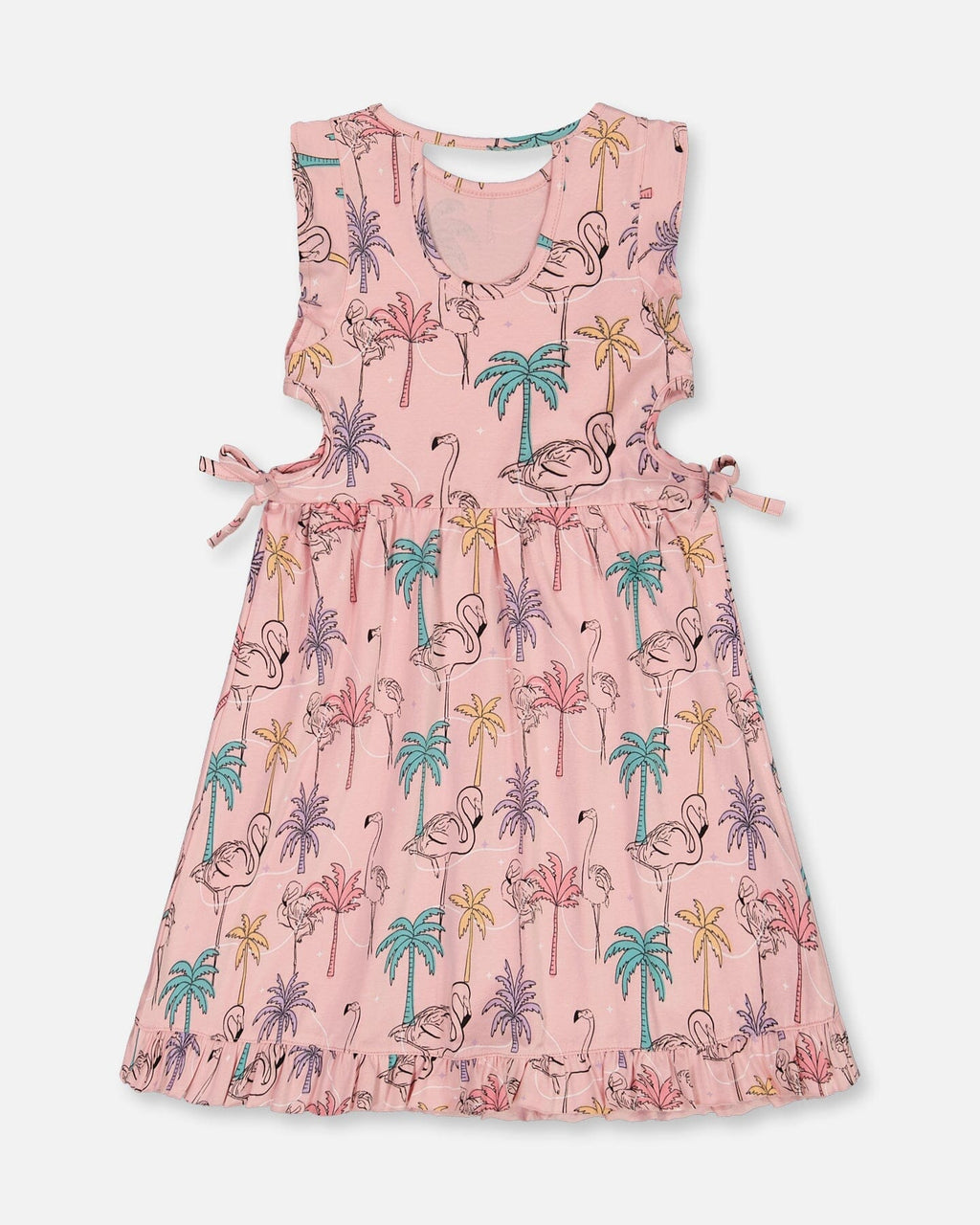 Printed Organic Cotton Dress With Cut Outs Palm Trees, Pink Flamingo, And Turquoise