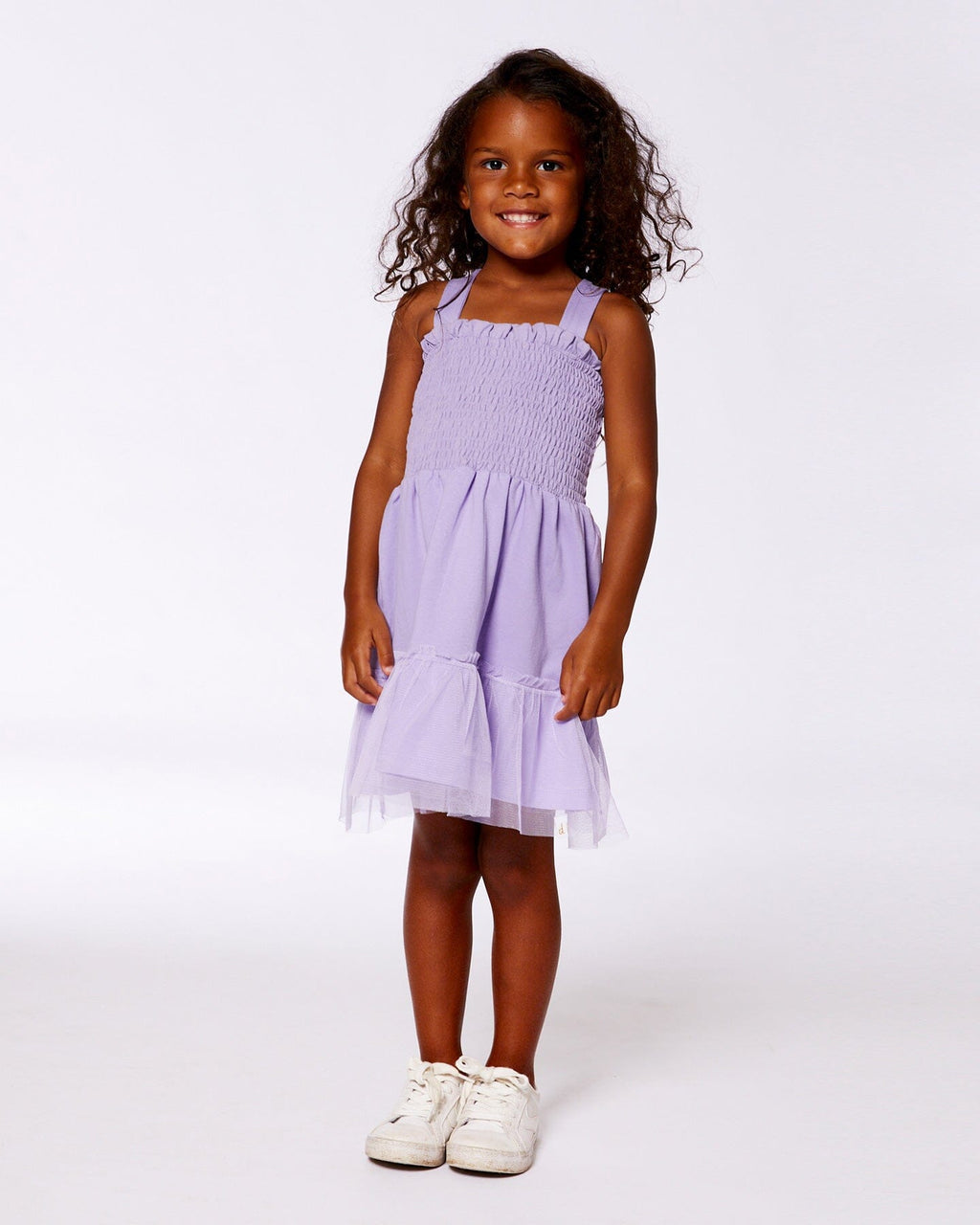Smocked Organic Cotton Dress With Mesh Frill Lilac