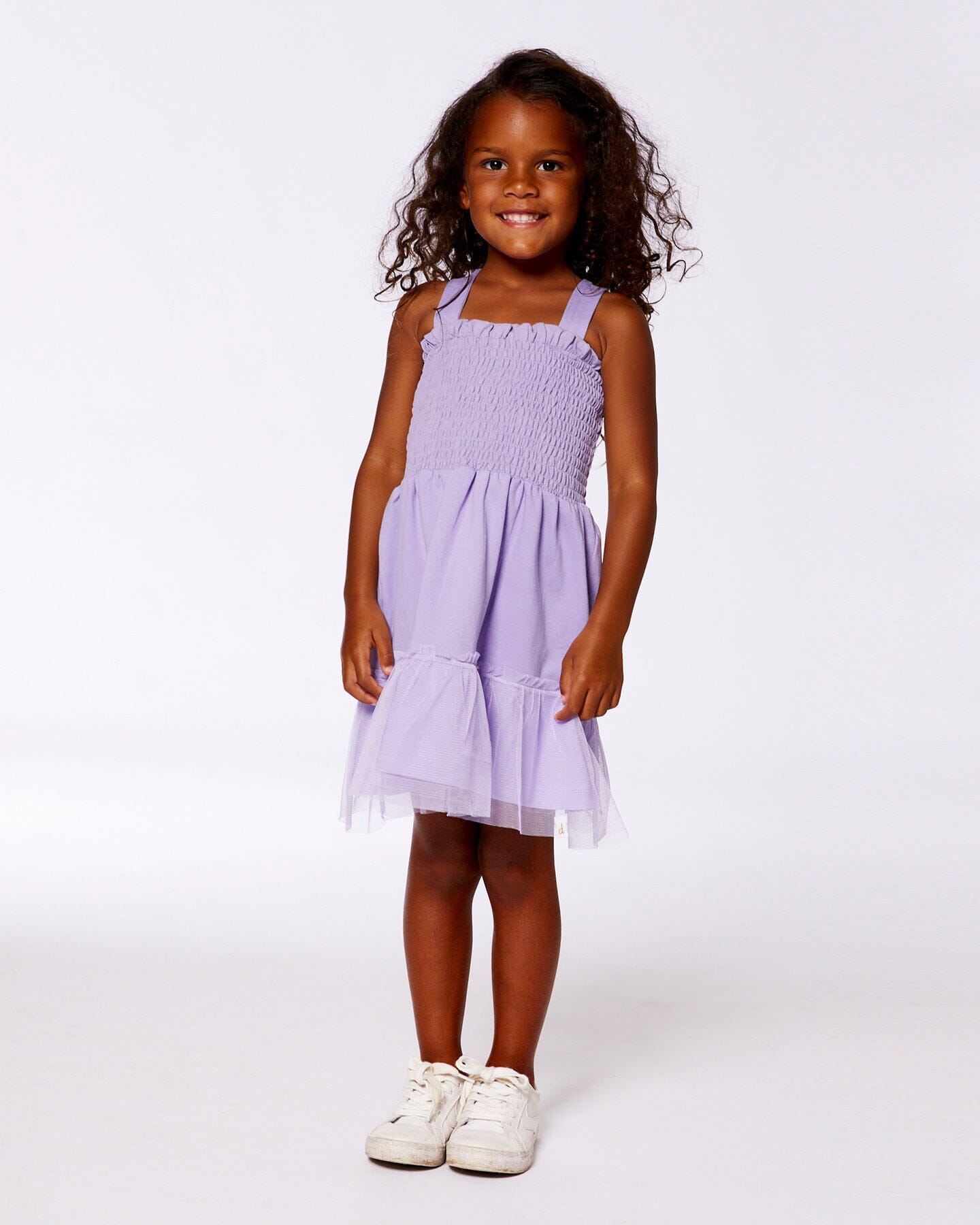 Smocked Organic Cotton Dress With Mesh Frill Lilac