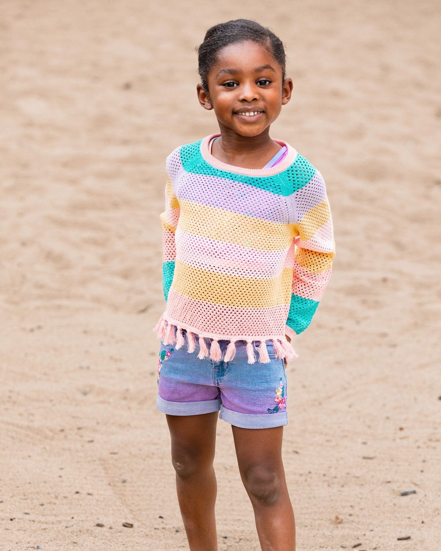 Cotton Sweater With Fringe Multicolor Stripes