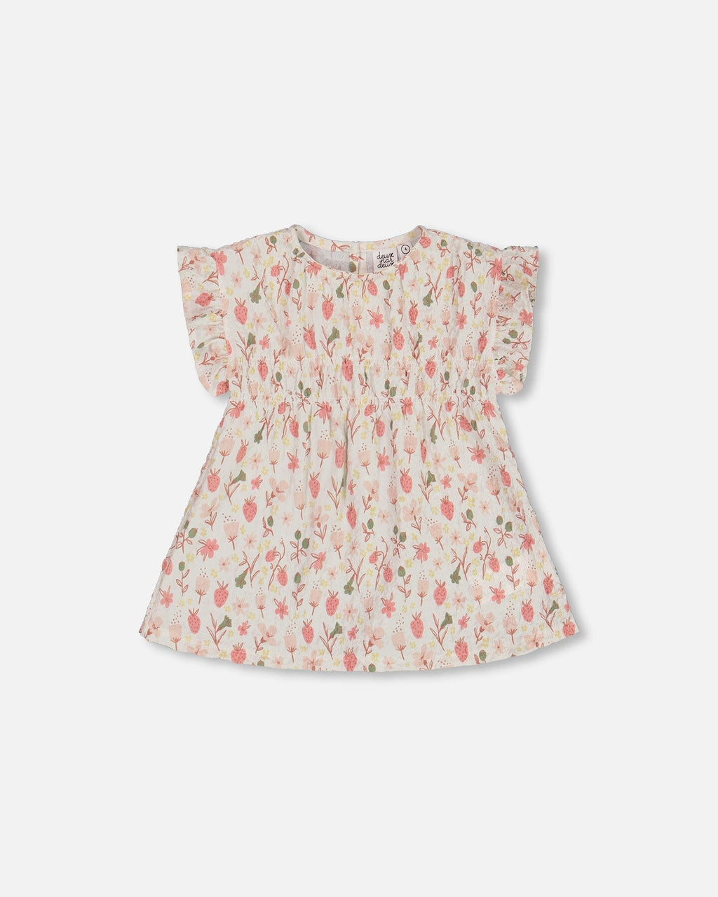 Printed Seersucker Blouse With Frills Pink Flowers On Cream Background