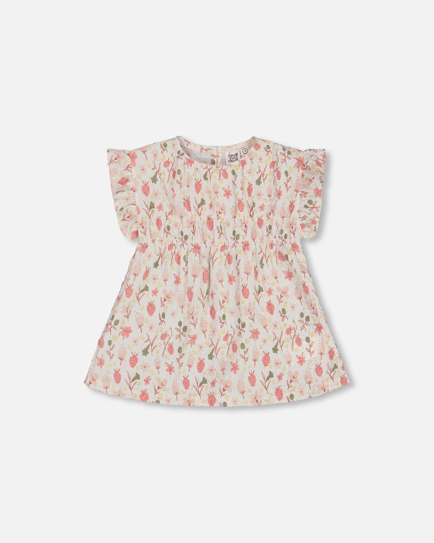Printed Seersucker Blouse With Frills Pink Flowers On Cream Background