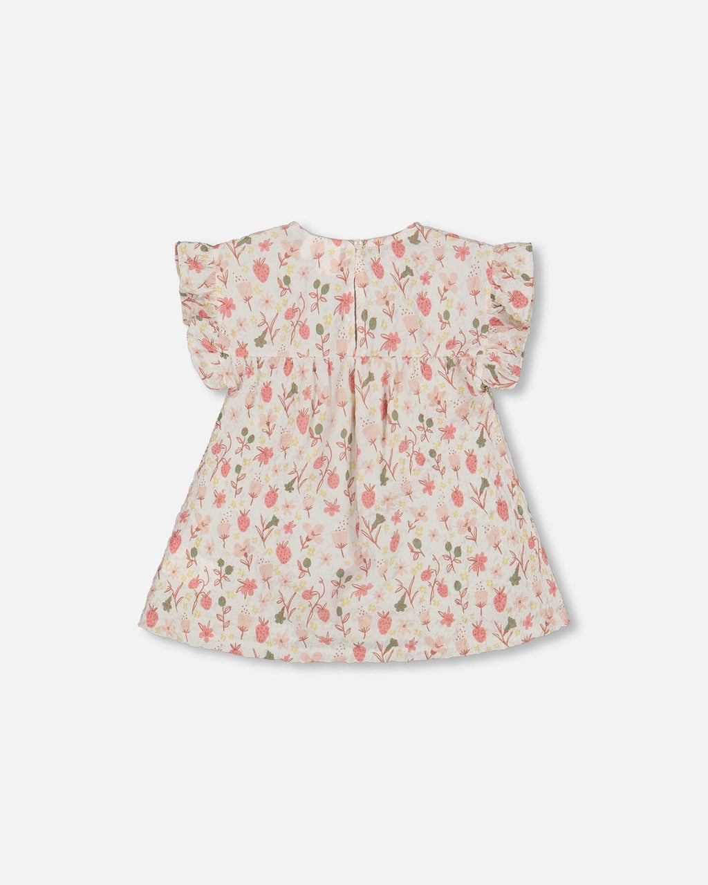Printed Seersucker Blouse With Frills Pink Flowers On Cream Background