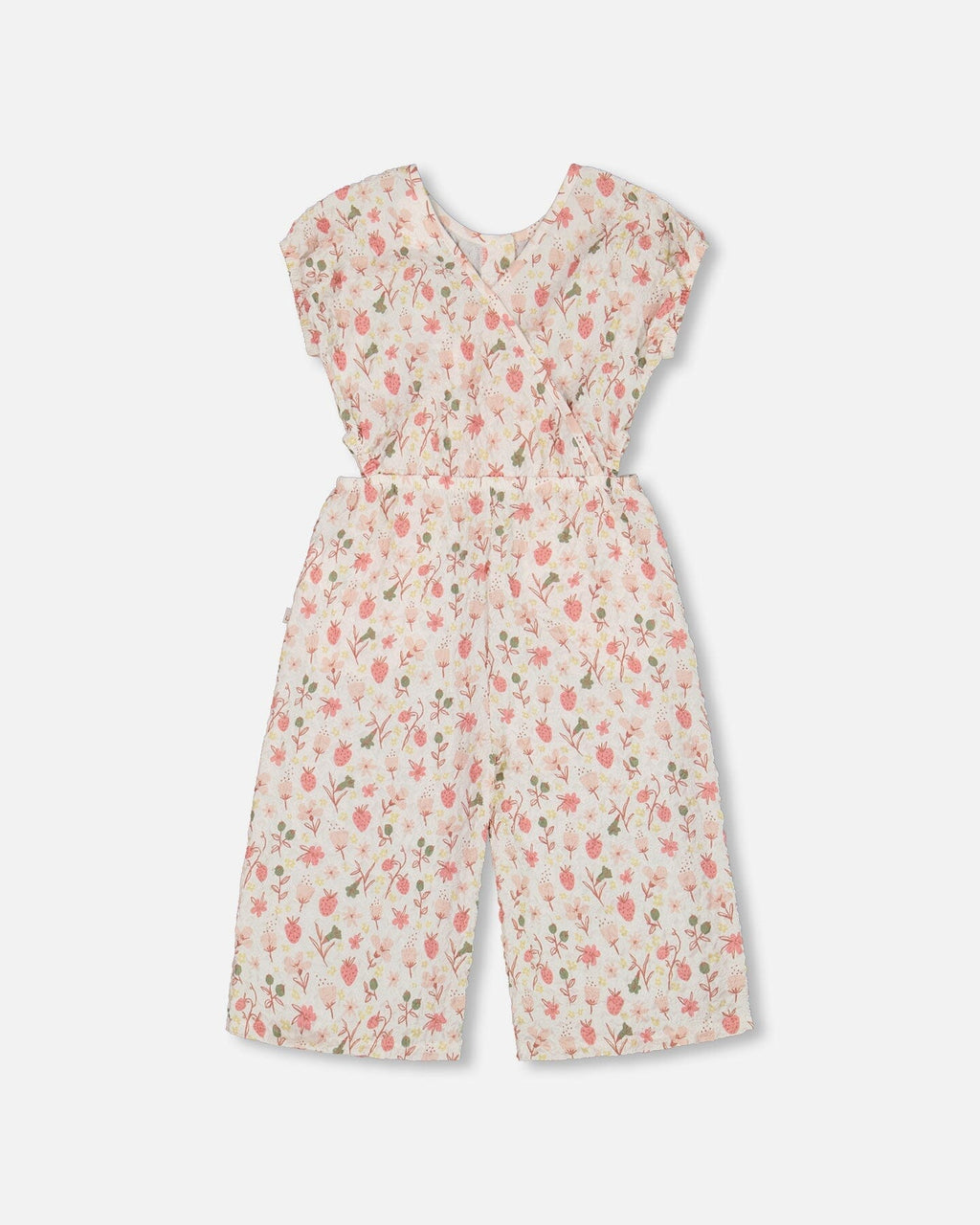 Printed Seersucker Jumpsuit With Cut Outs Pink Flowers On Cream Background