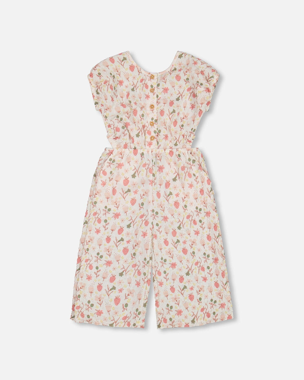 Printed Seersucker Jumpsuit With Cut Outs Pink Flowers On Cream Background