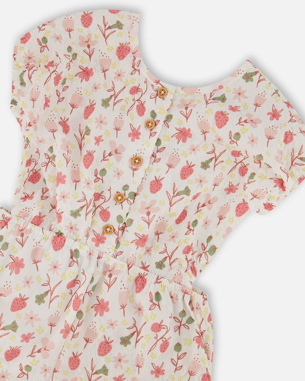 Printed Seersucker Jumpsuit With Cut Outs Pink Flowers On Cream Background