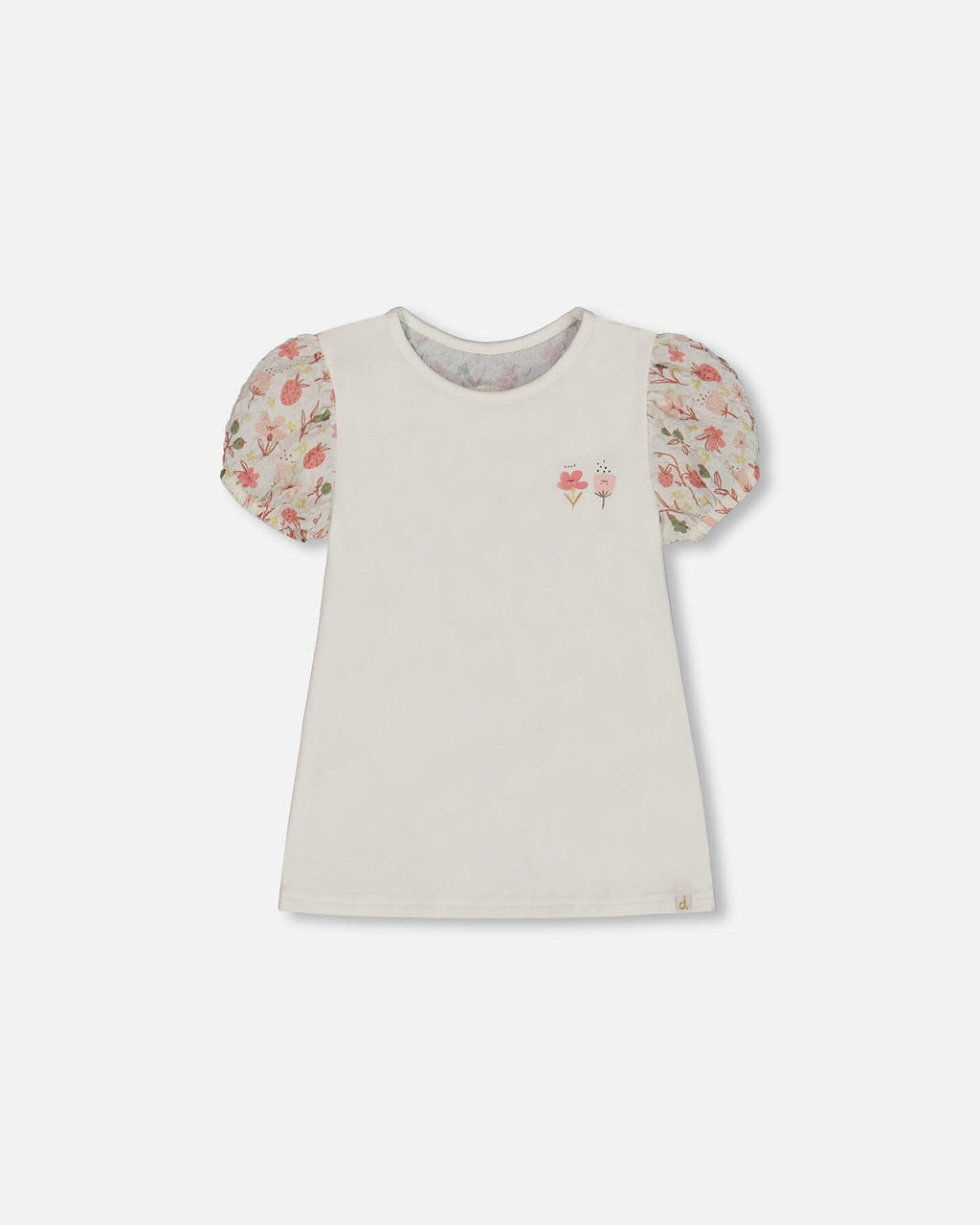 Bi-Material Organic Cotton Top With Puff Sleeve Pink Flowers On Cream Background