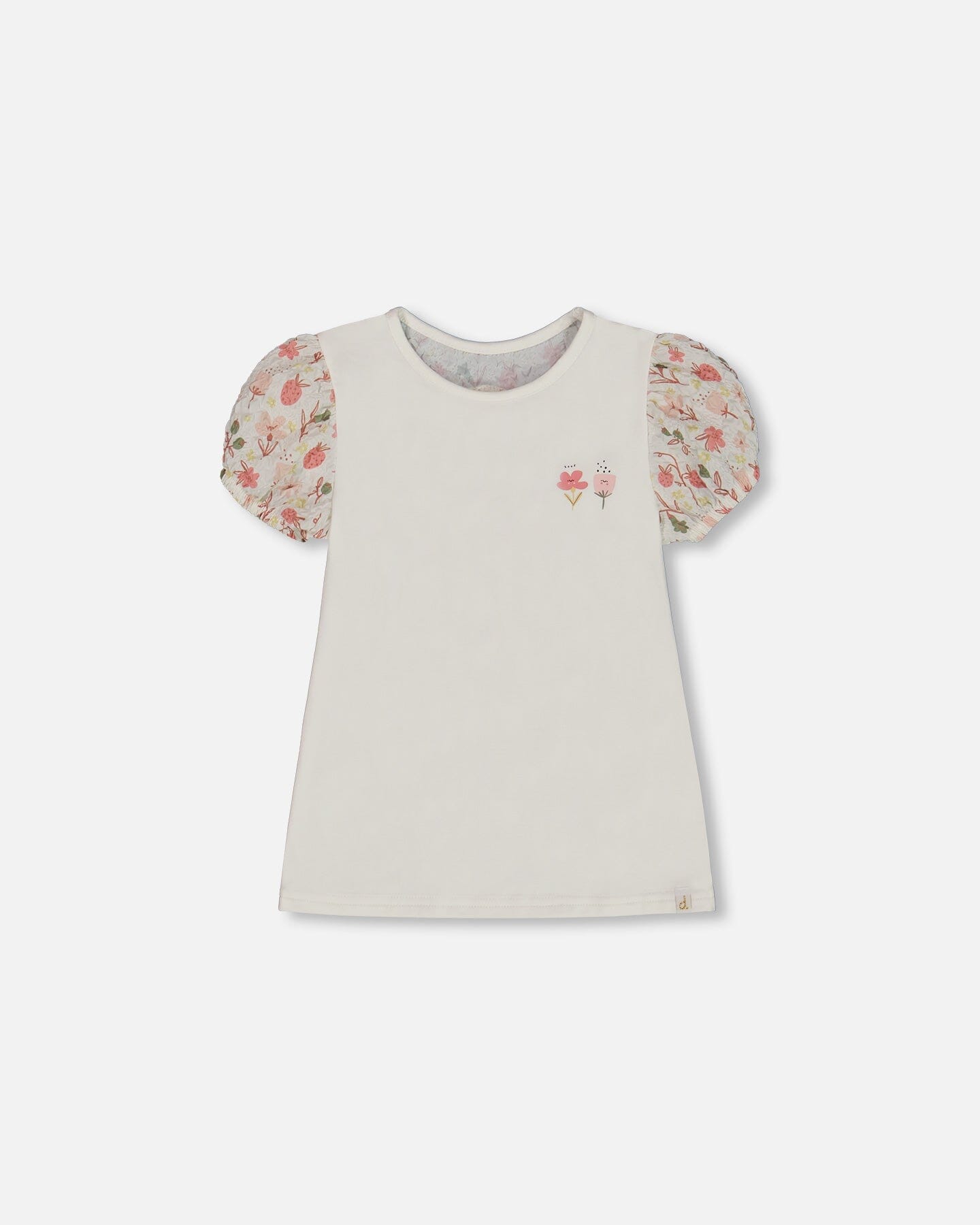 Bi-Material Organic Cotton Top With Puff Sleeve Pink Flowers On Cream Background