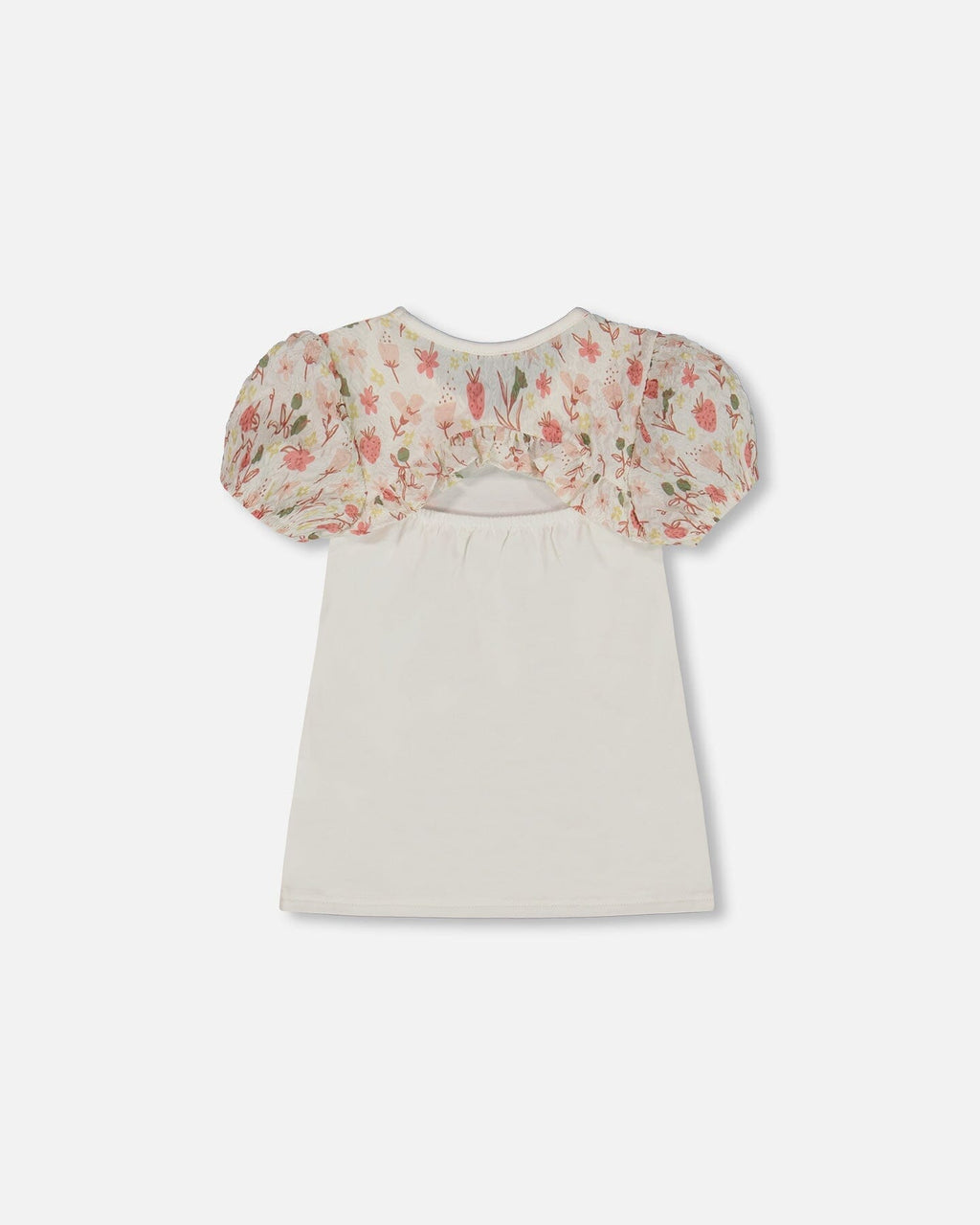 Bi-Material Organic Cotton Top With Puff Sleeve Pink Flowers On Cream Background
