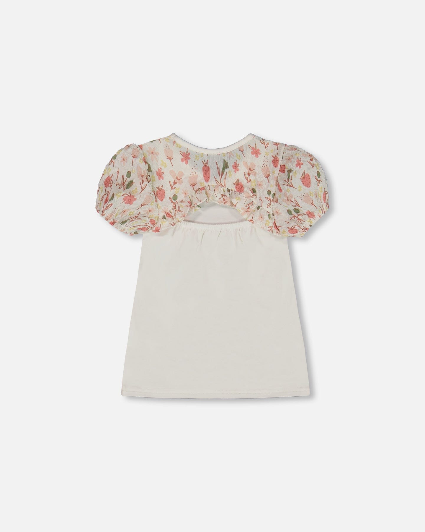 Bi-Material Organic Cotton Top With Puff Sleeve Pink Flowers On Cream Background