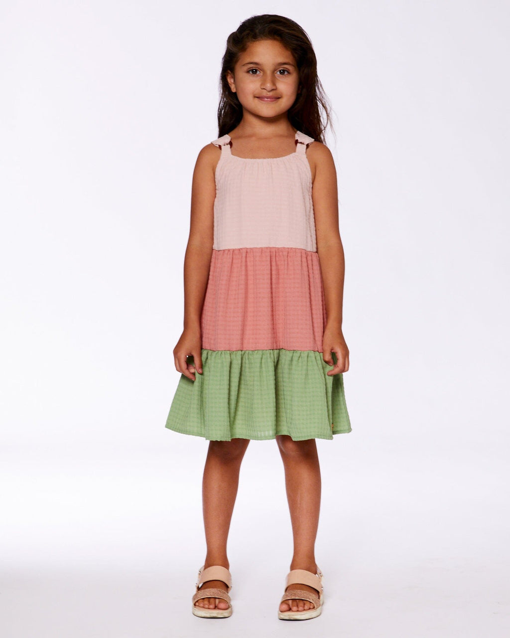Tiered Color Block Peasant Dress Peach Pink And Green