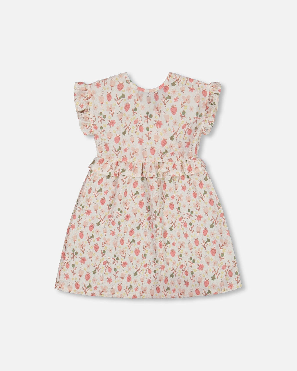 Printed Seersucker Dress With Frill Pink Flowers On Cream Background