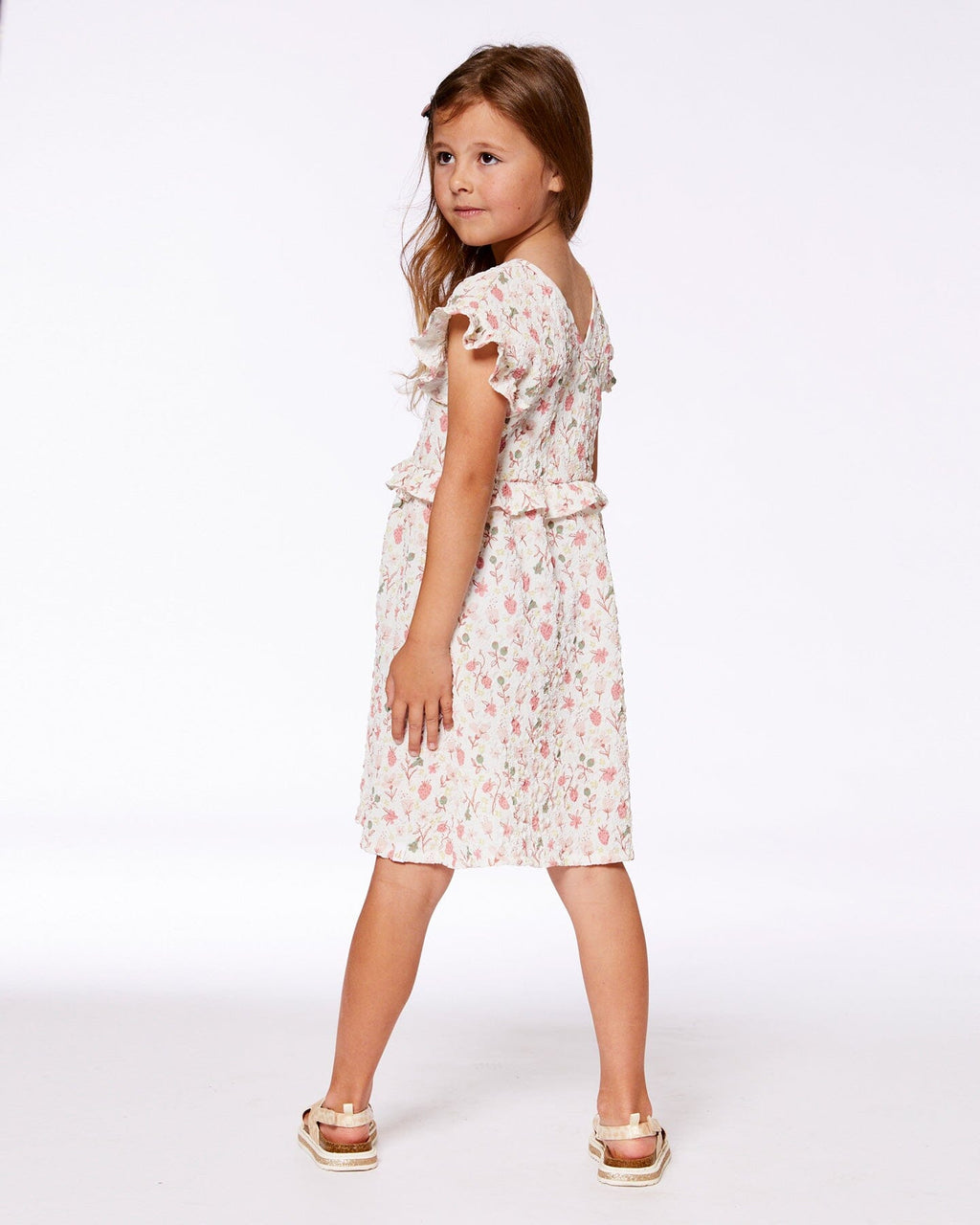 Printed Seersucker Dress With Frill Pink Flowers On Cream Background