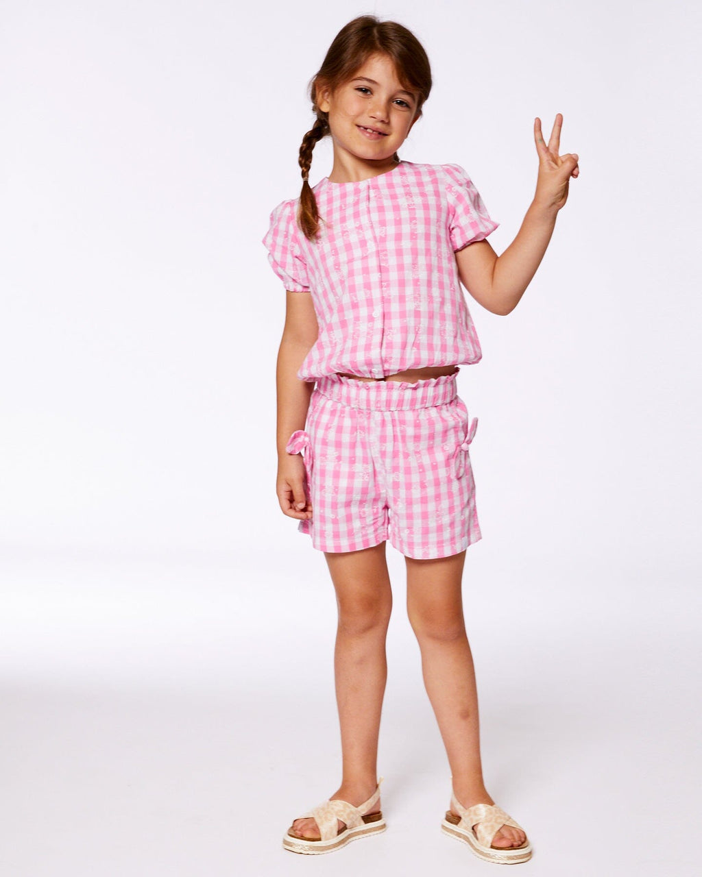 Smocked Waist Short With Knots Pink And White Checks