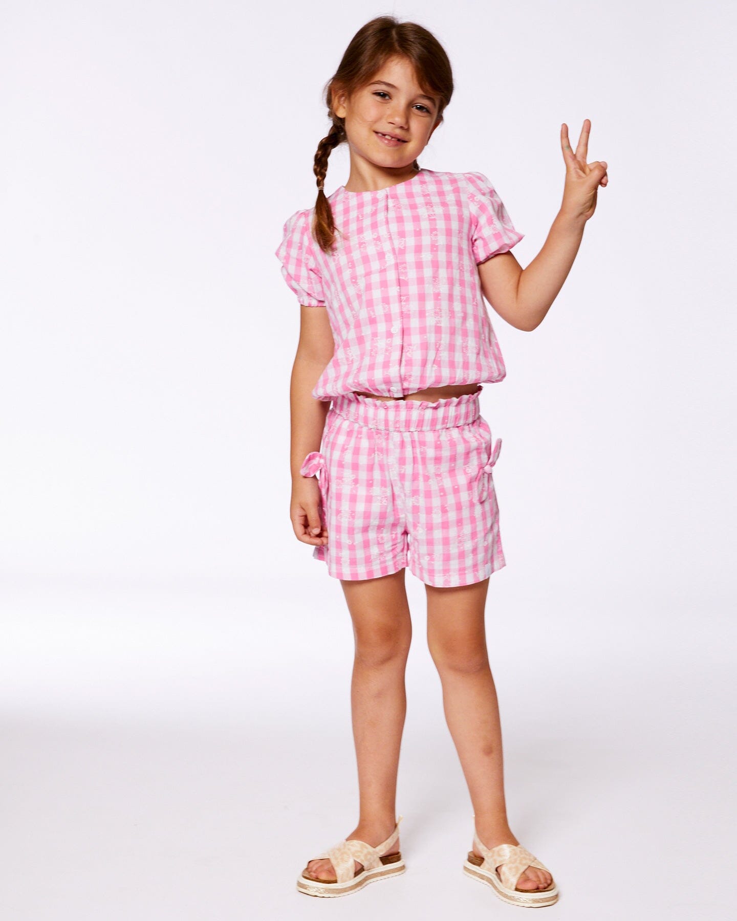 Smocked Waist Short With Knots Pink And White Checks
