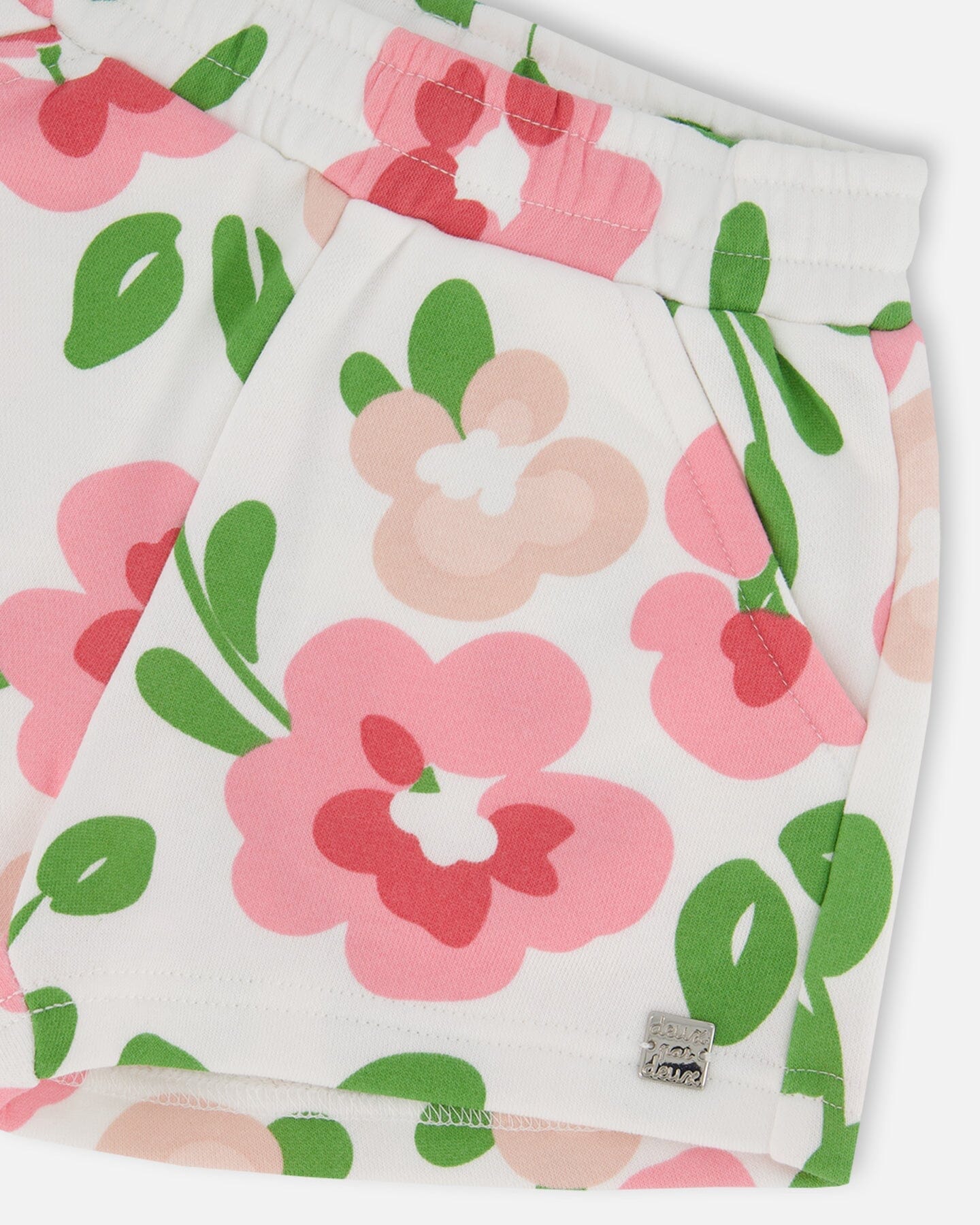 Printed French Terry Short Pink Flowers On White Background