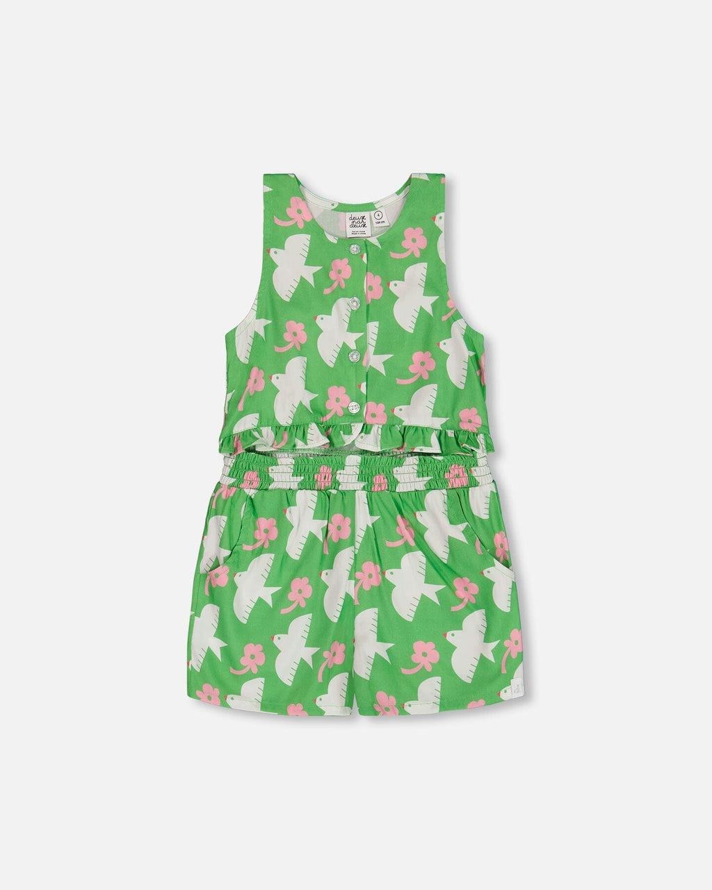 Printed Romper With Frills Green With White And Pink Bird