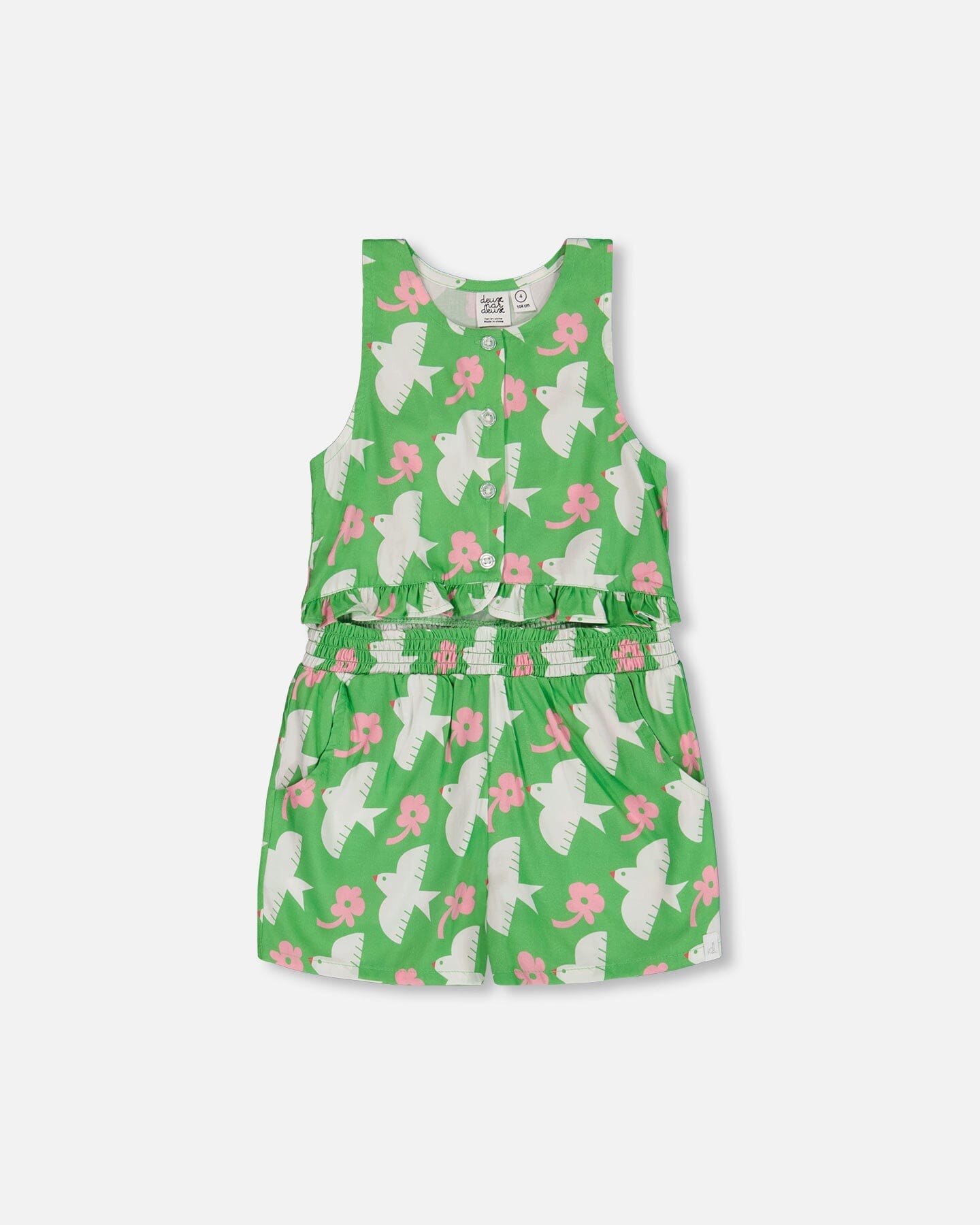 Printed Romper With Frills Green With White And Pink Bird