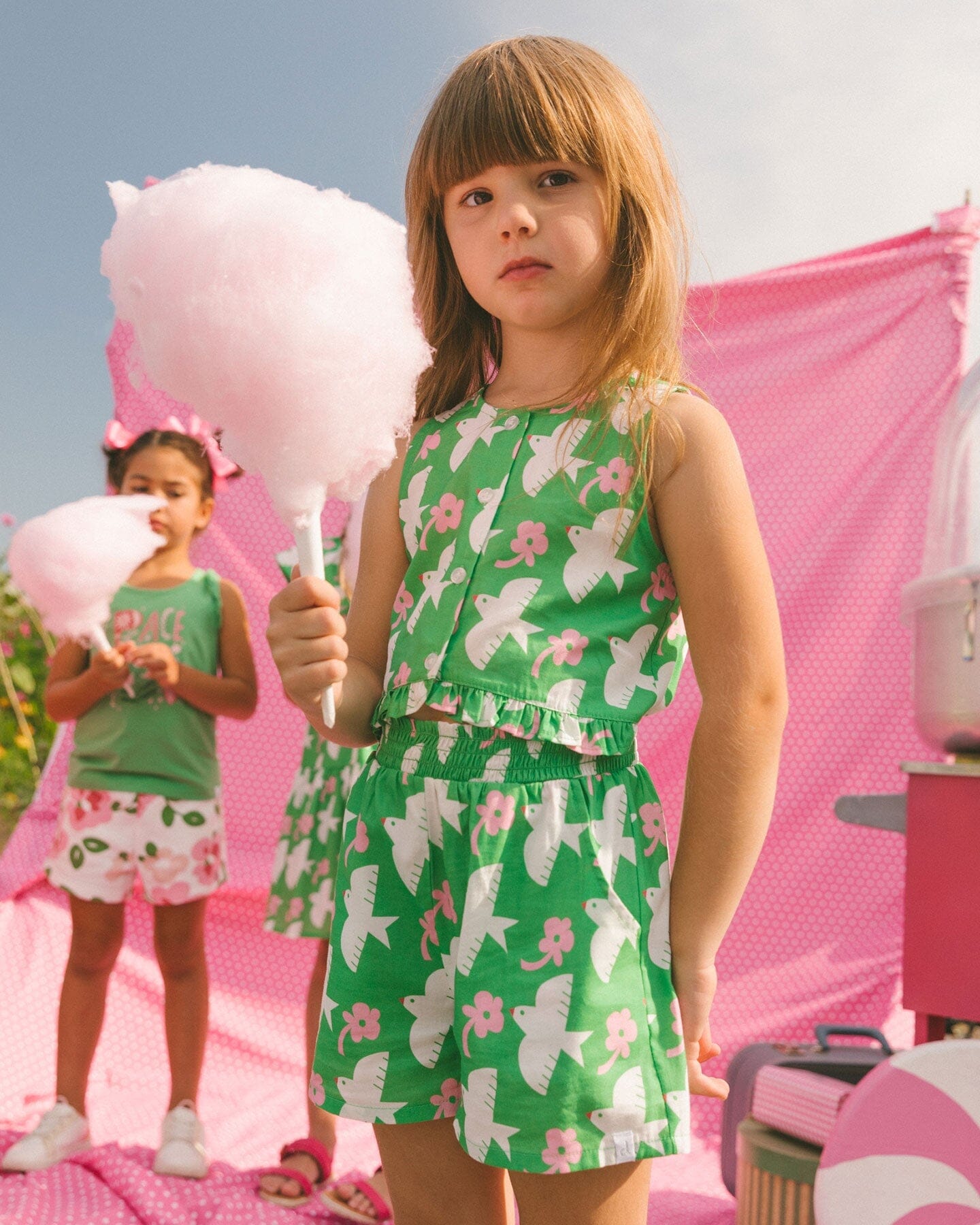 Printed Romper With Frills Green With White And Pink Bird