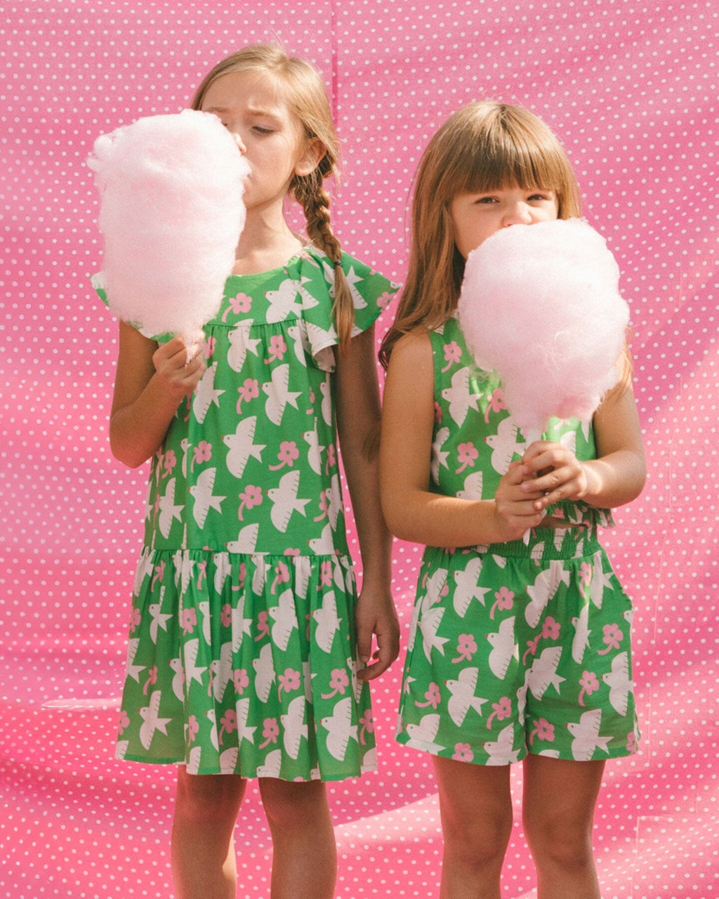 Printed Romper With Frills Green With White And Pink Bird