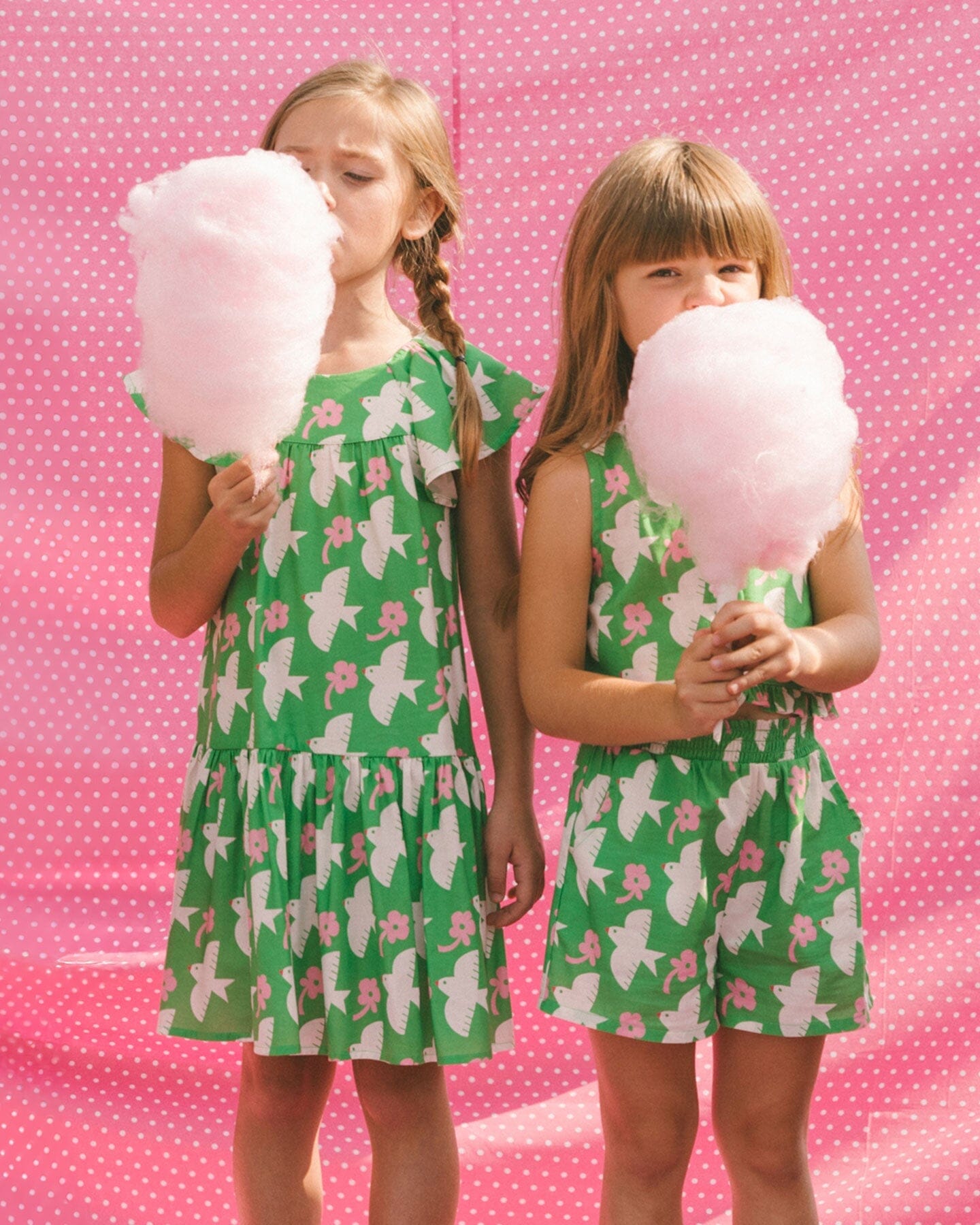 Printed Romper With Frills Green With White And Pink Bird