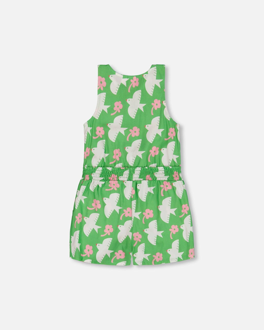 Printed Romper With Frills Green With White And Pink Bird