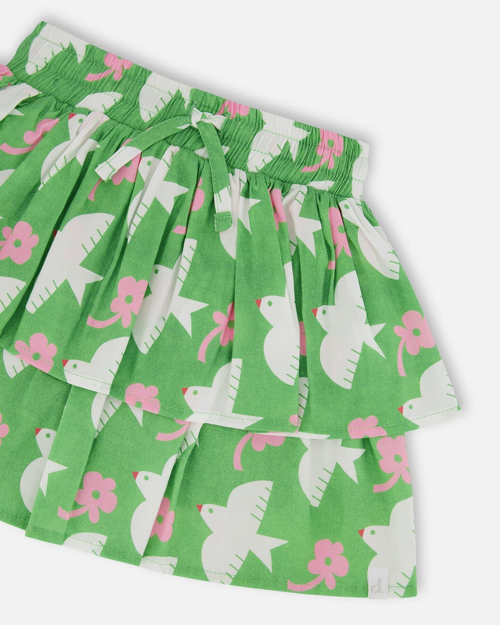 Tiered Elastic Waist Skirt Green With White And Pink Bird