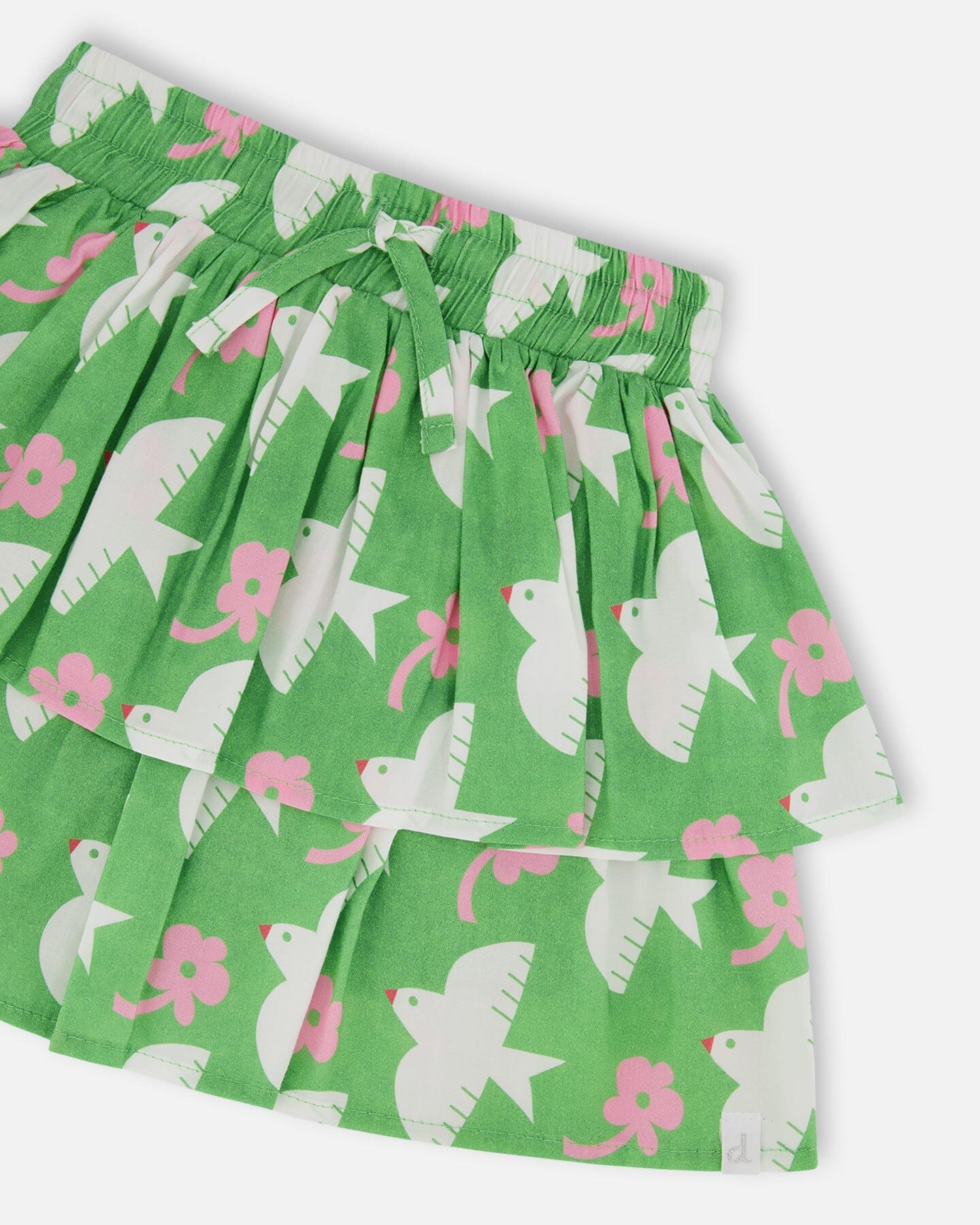 Tiered Elastic Waist Skirt Green With White And Pink Bird