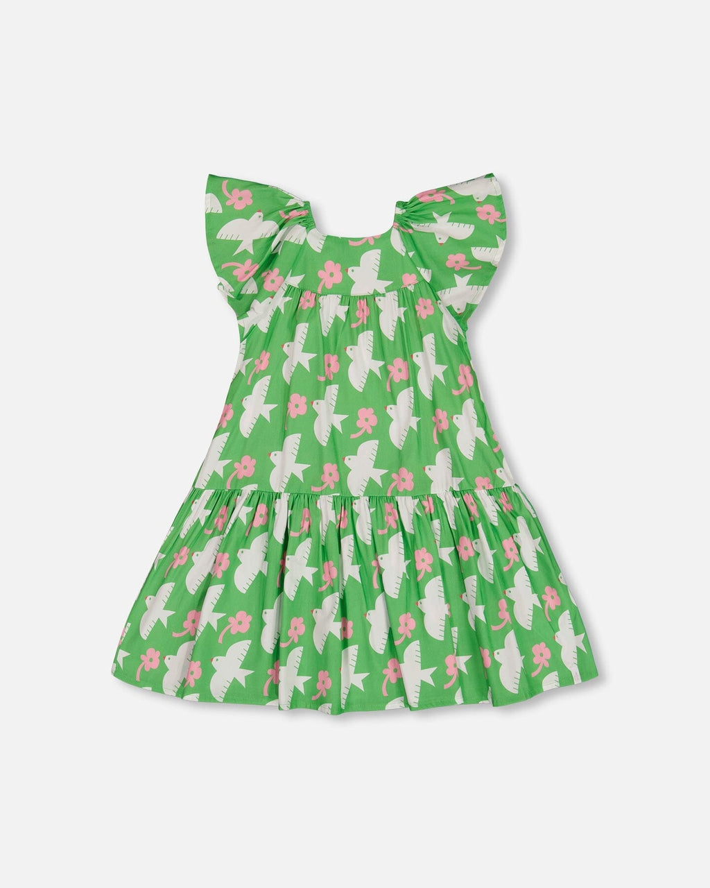 Printed Dress With Flounce Sleeves Green With White And Pink Bird