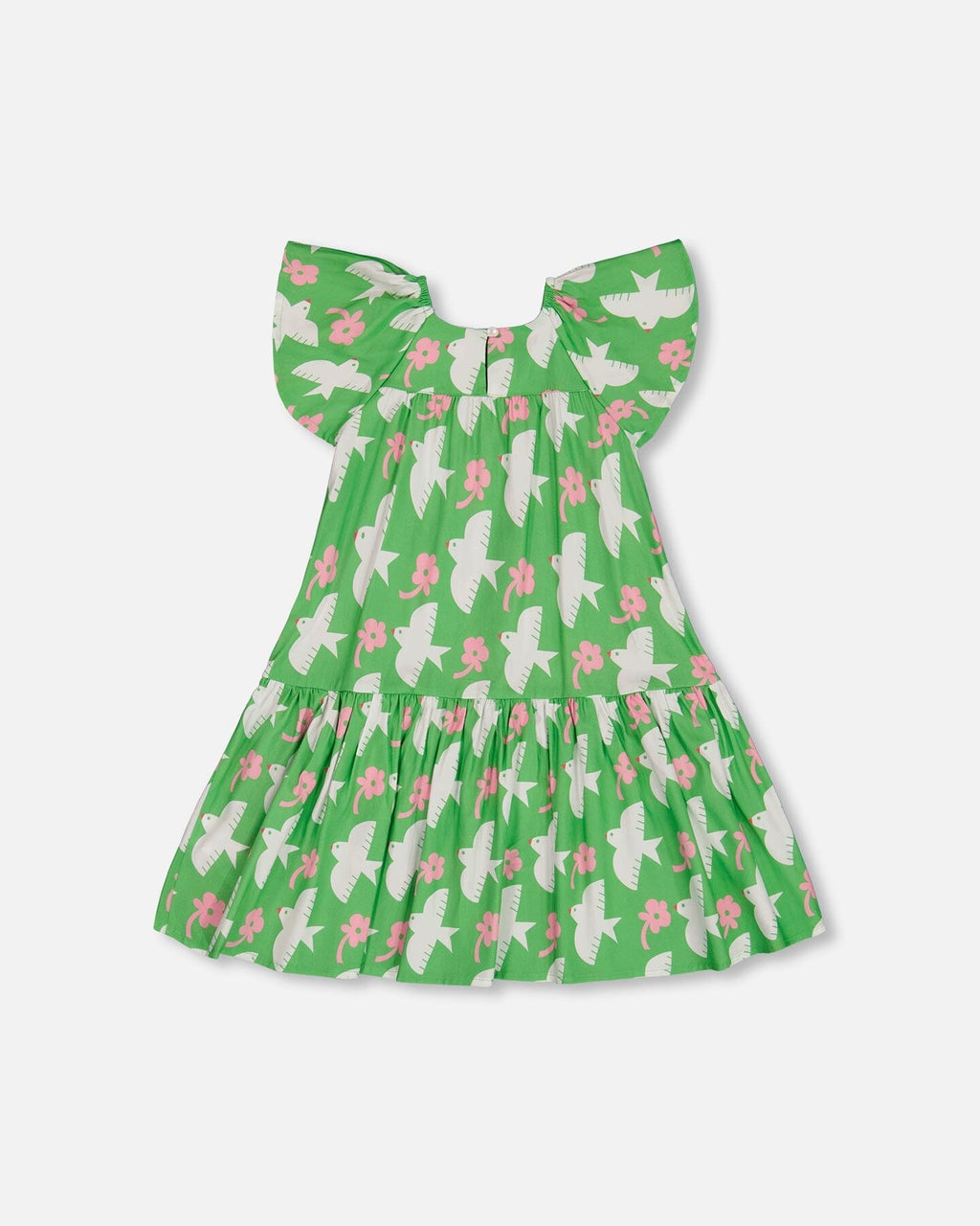 Printed Dress With Flounce Sleeves Green With White And Pink Bird