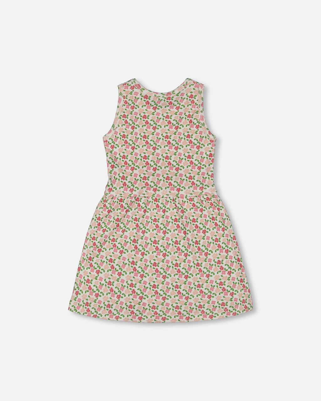 Printed Ribbed Dress With Waist Tie Small Flowers On White Background