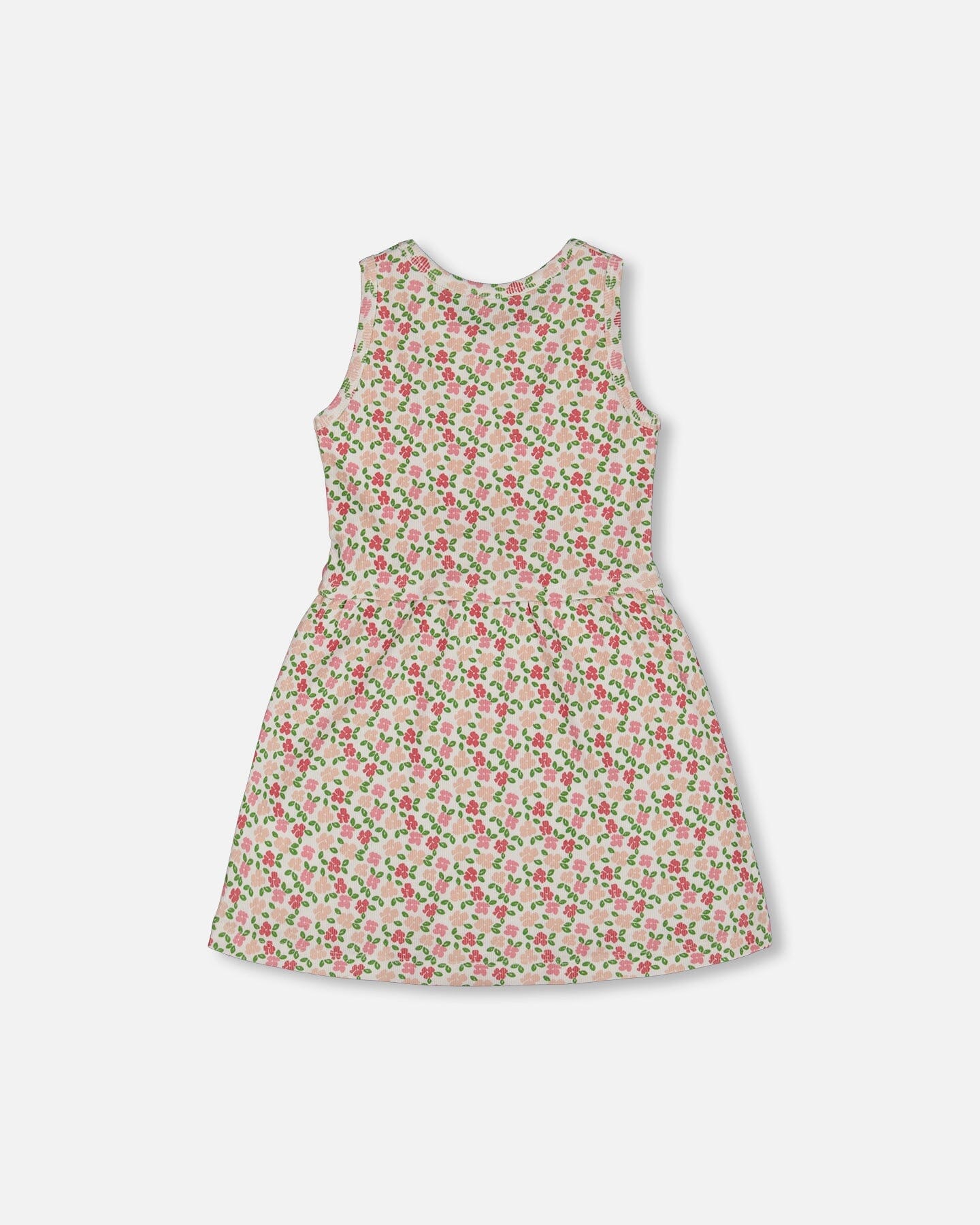 Printed Ribbed Dress With Waist Tie Small Flowers On White Background