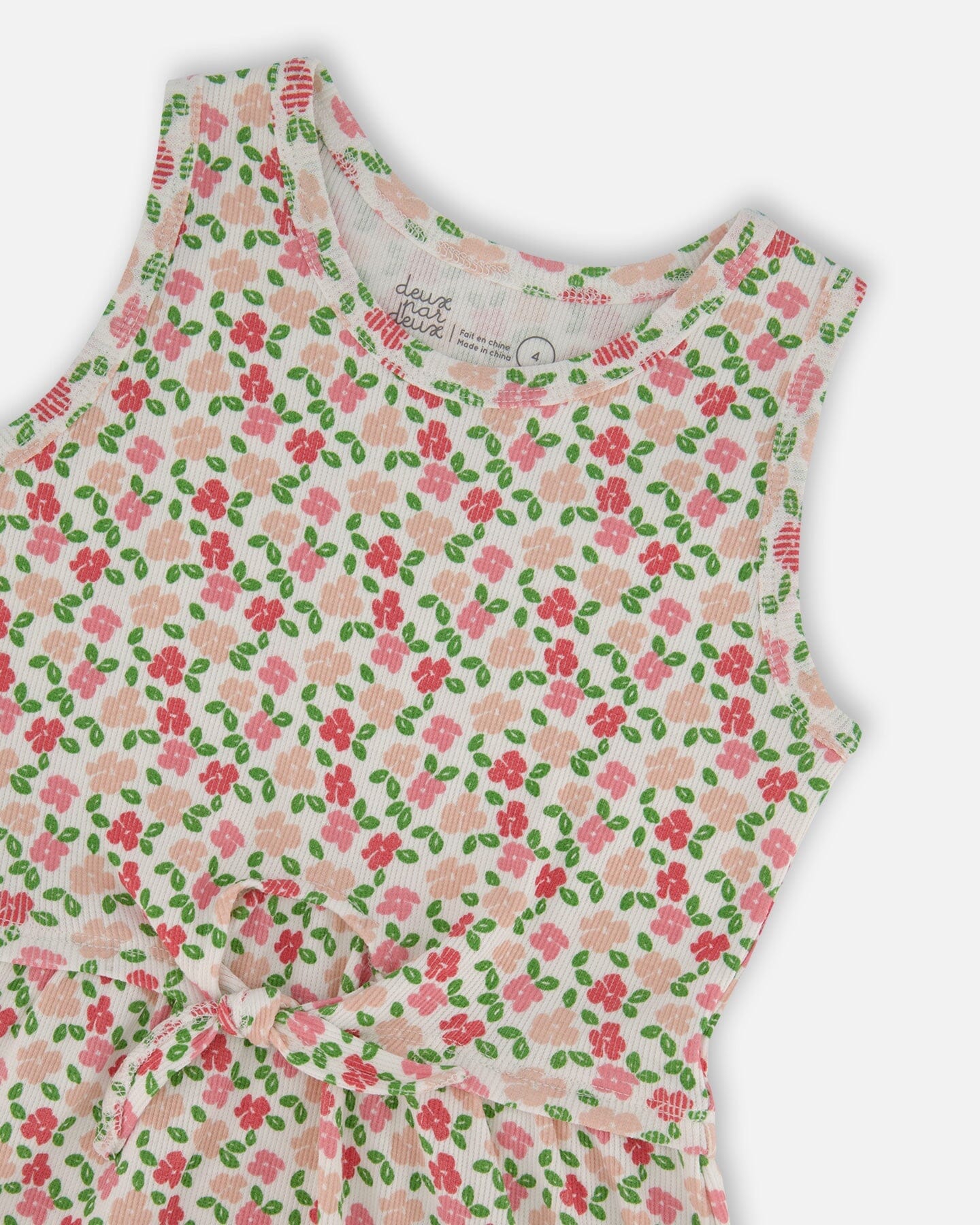 Printed Ribbed Dress With Waist Tie Small Flowers On White Background