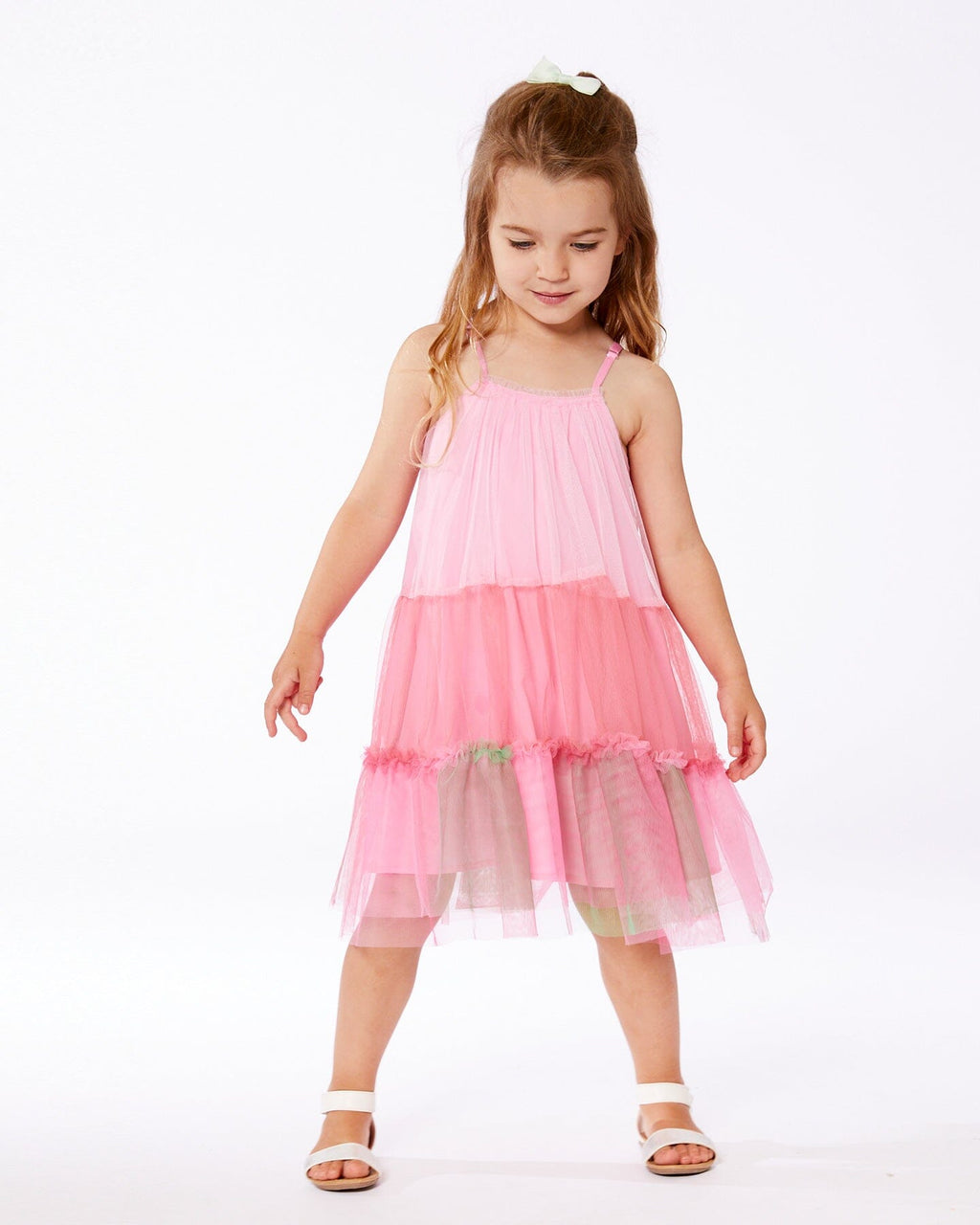 Sleeveless Color Block Tulle Dress Pink And Green