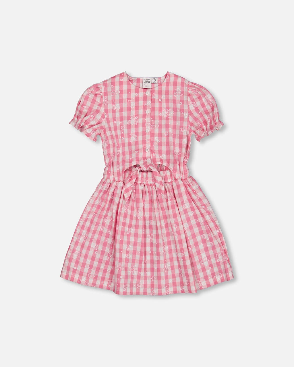 Puff Sleeve Dress With Waist Tie Pink And White Checks
