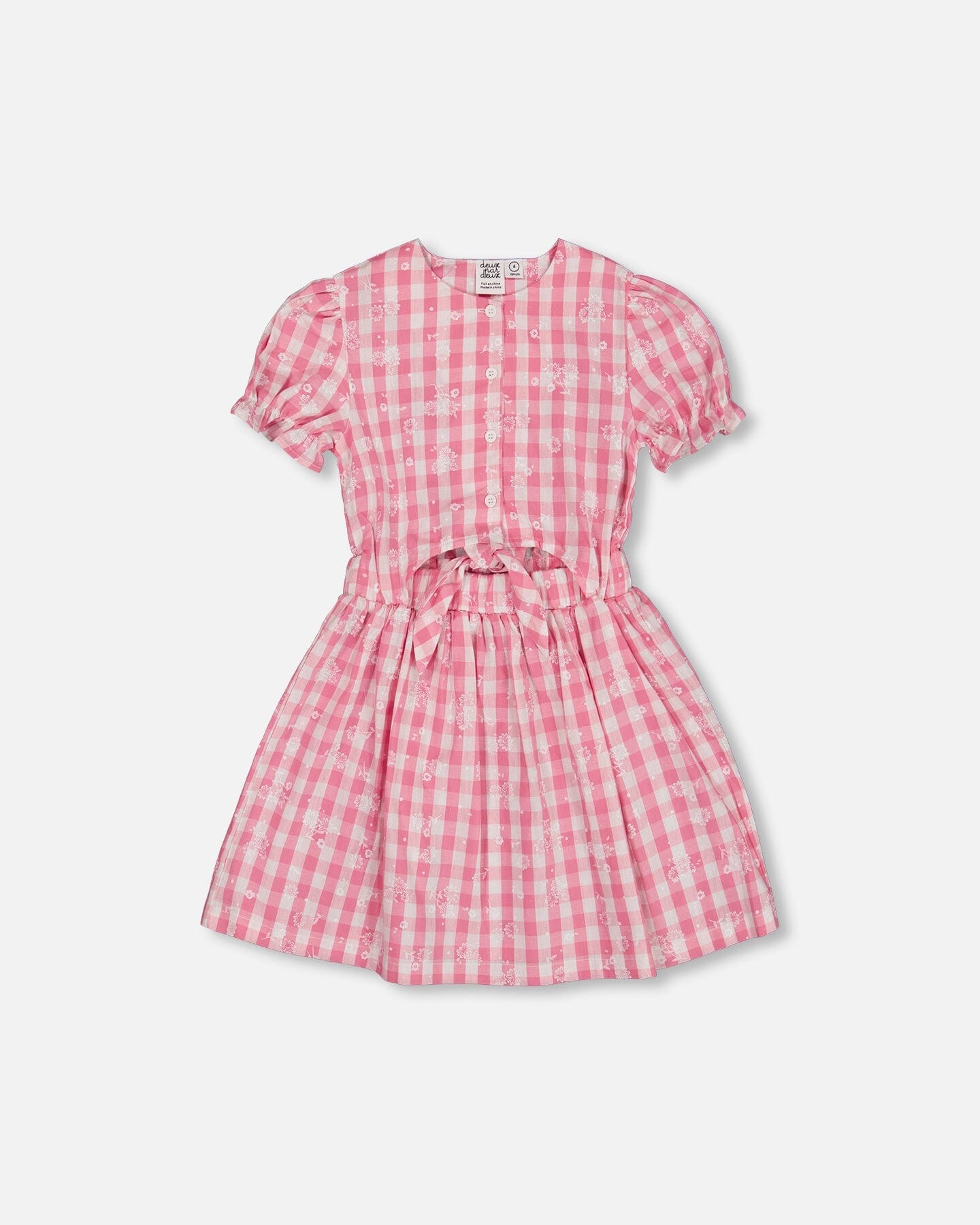Puff Sleeve Dress With Waist Tie Pink And White Checks