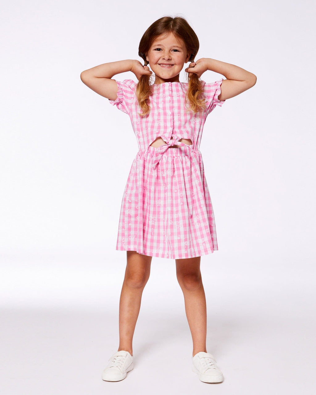 Puff Sleeve Dress With Waist Tie Pink And White Checks