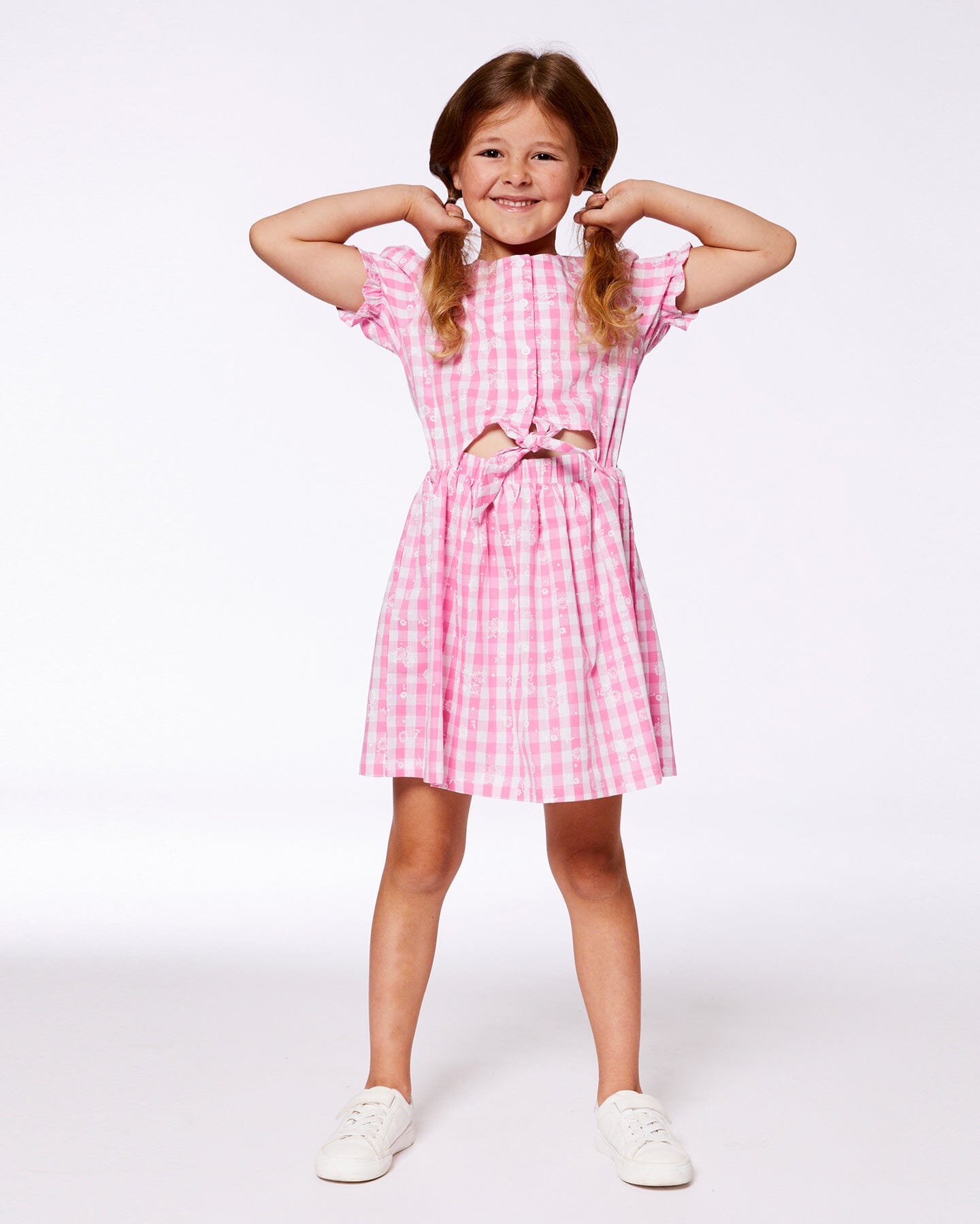 Puff Sleeve Dress With Waist Tie Pink And White Checks