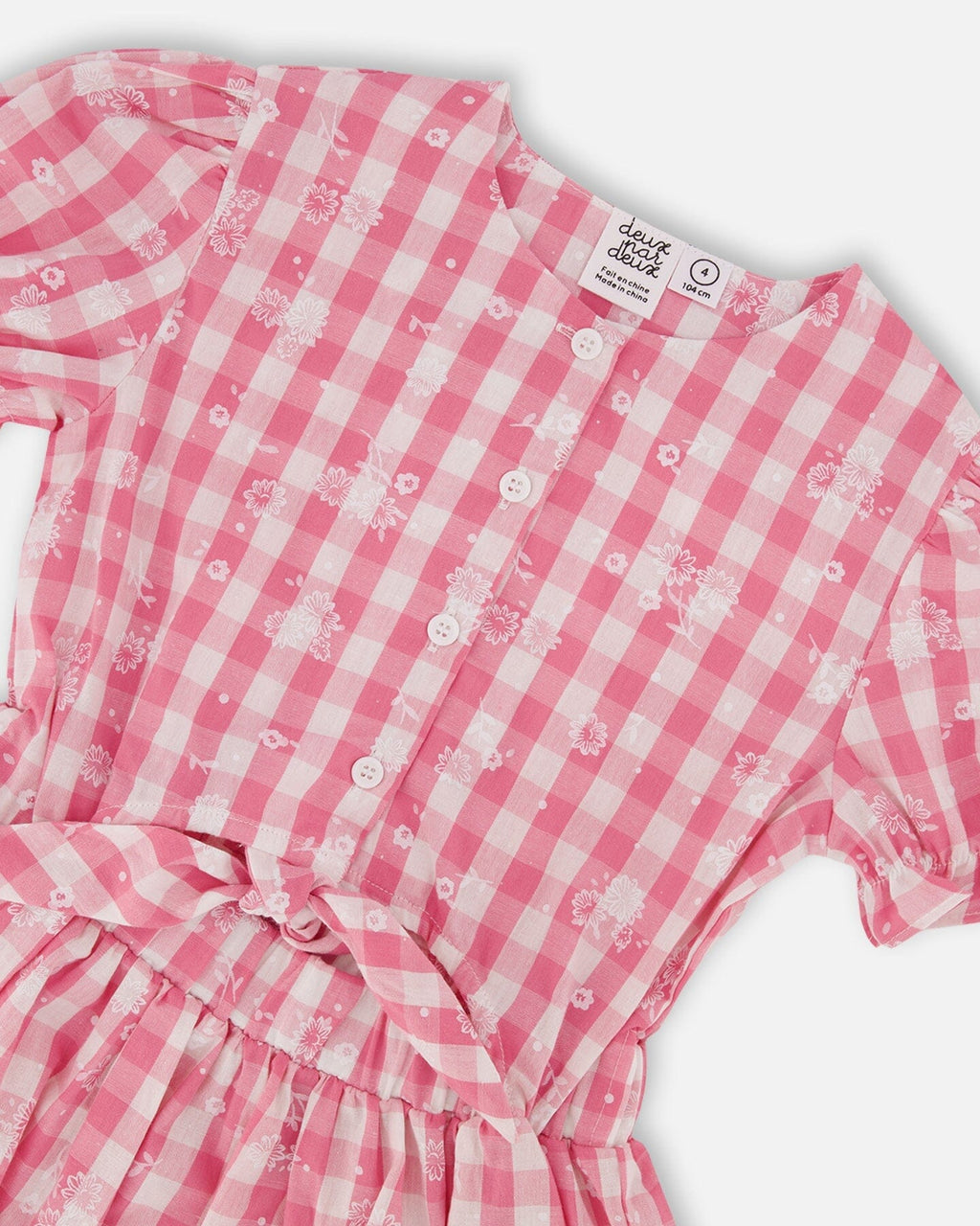 Puff Sleeve Dress With Waist Tie Pink And White Checks