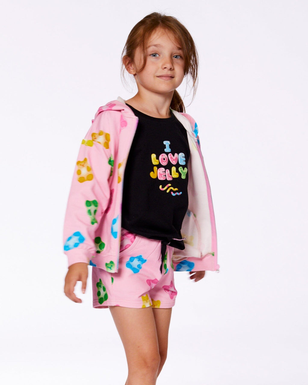 Printed French Terry Hoodie Cardigan Pink Multicolored Gummies