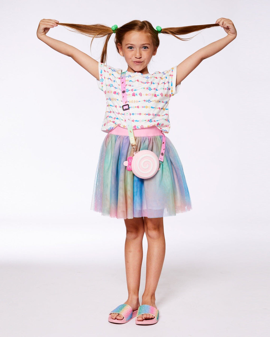 Bi-Material Dress With Mesh Skirt Multicolored Tie Dye And White