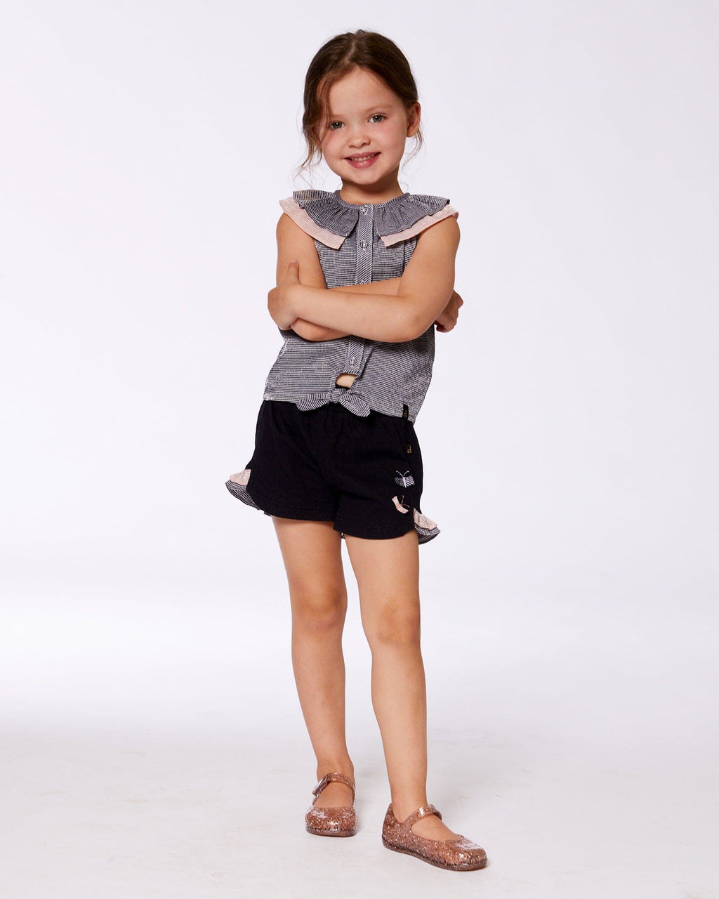 Crinkle Short With Frills Black And Butterflies