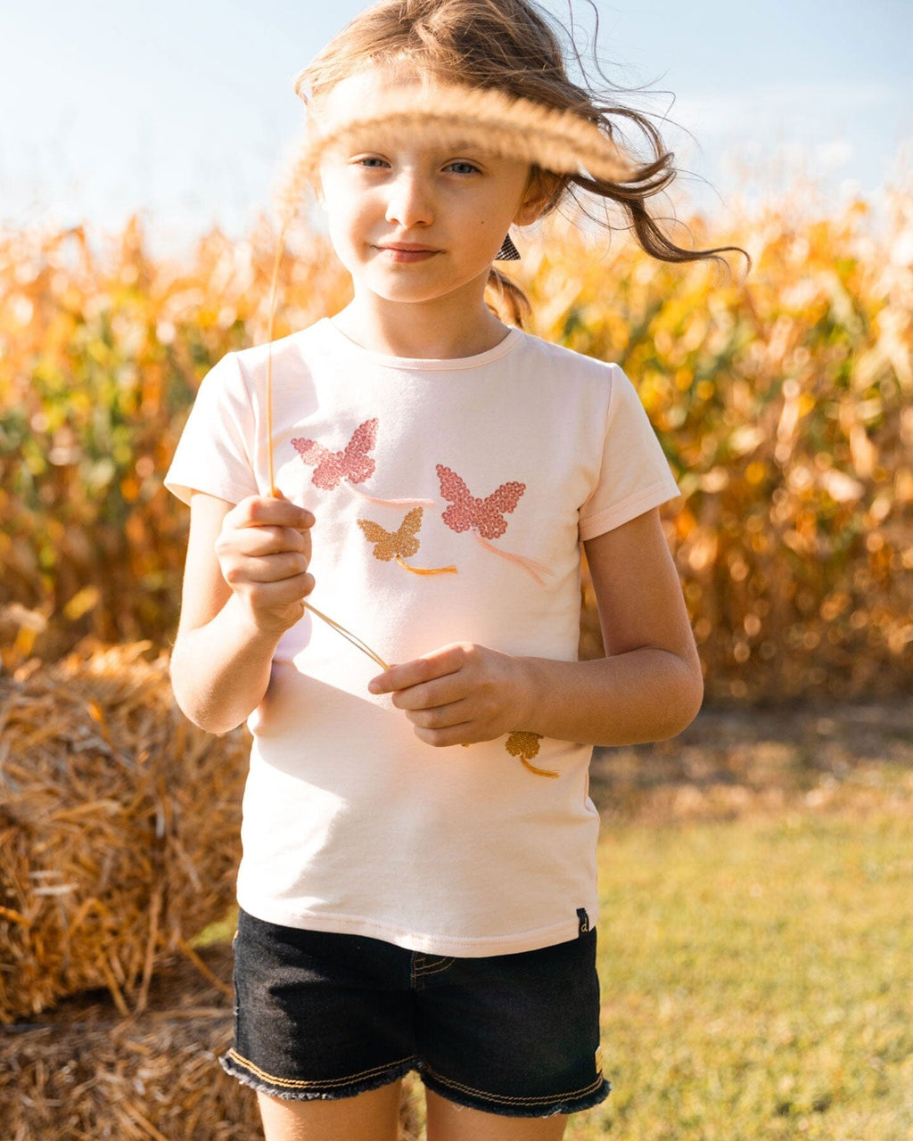 Organic Cotton Top With Applique Pink With Sparkling Butterfly