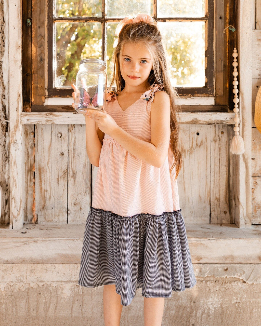 Tiered Dress With Bows Pink And Black