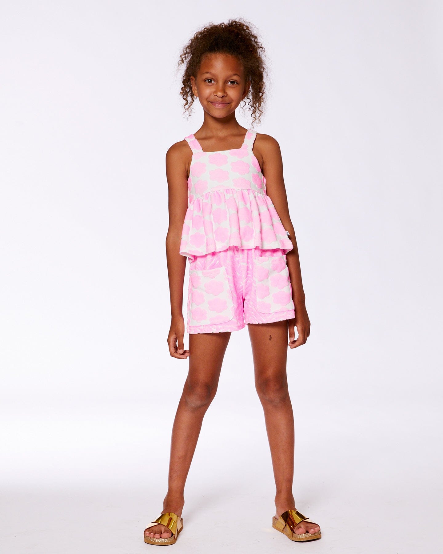 Printed Terry Tank Top And Shorts Set Vibrant Pink And White