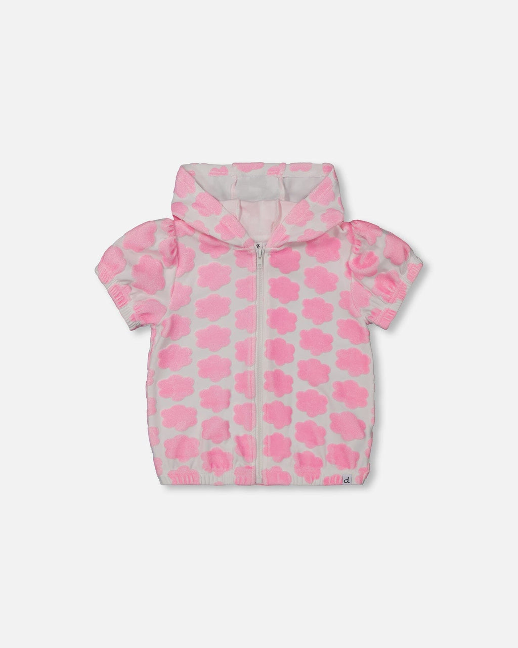 Printed Terry Short Sleeve Hoodie Cardigan Vibrant Pink And White