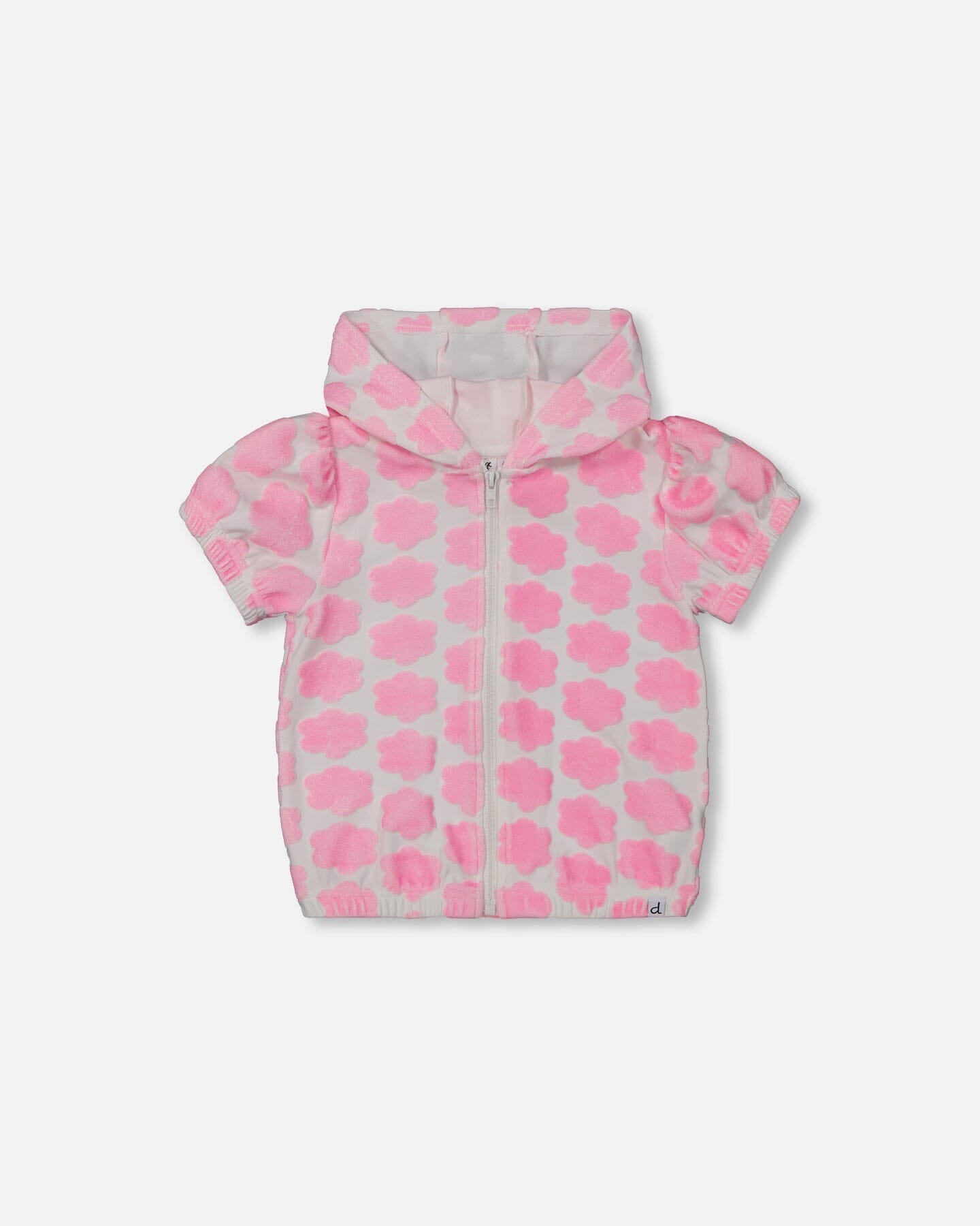 Printed Terry Short Sleeve Hoodie Cardigan Vibrant Pink And White