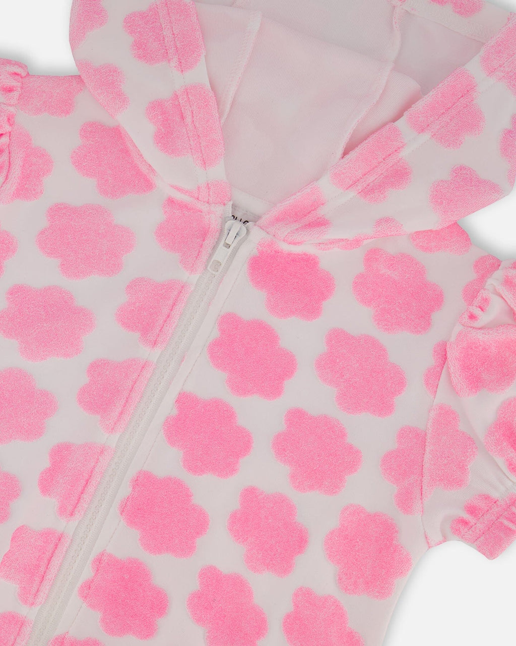 Printed Terry Short Sleeve Hoodie Cardigan Vibrant Pink And White