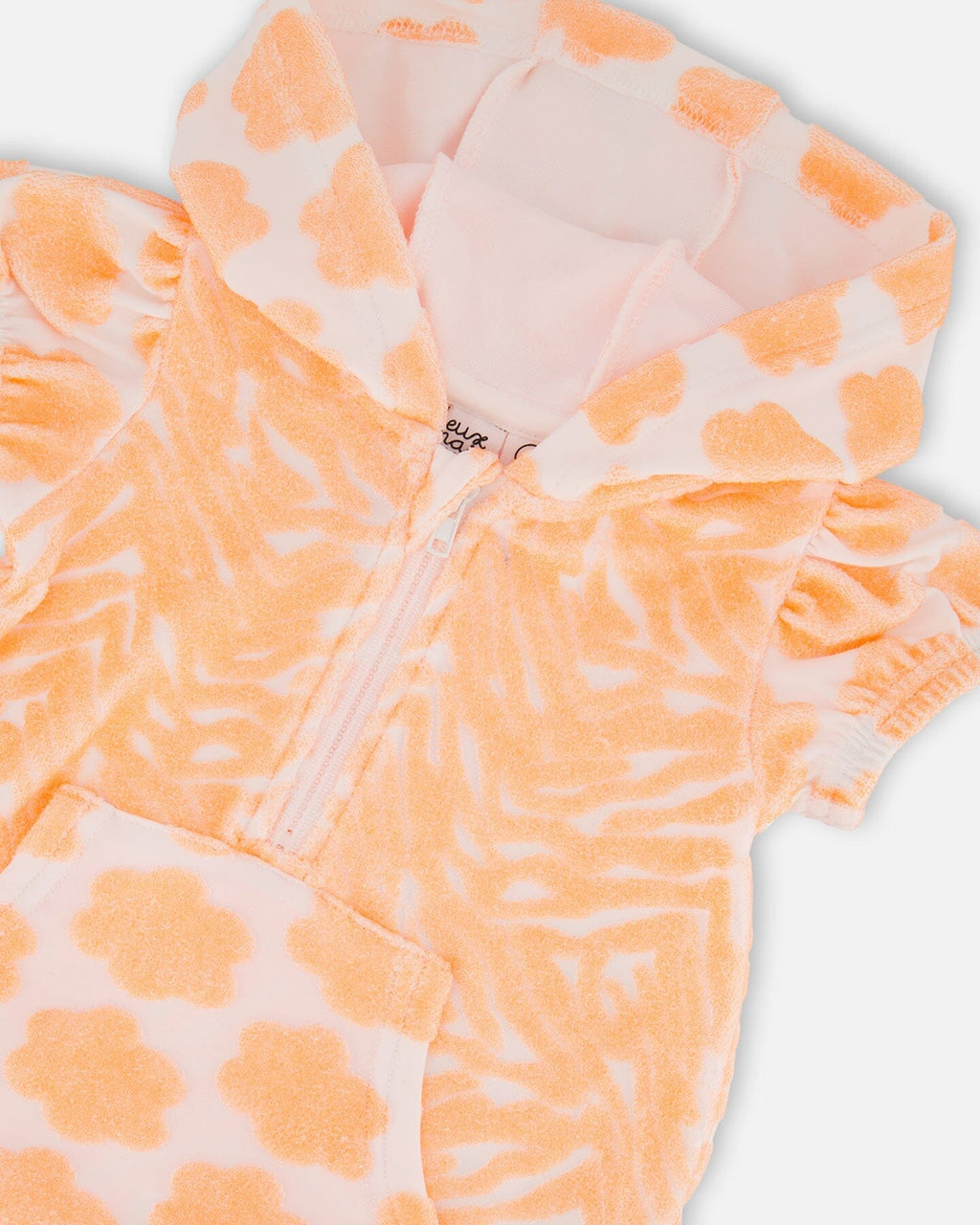 Printed Terry Romper With Hood Vibrant Orange And White